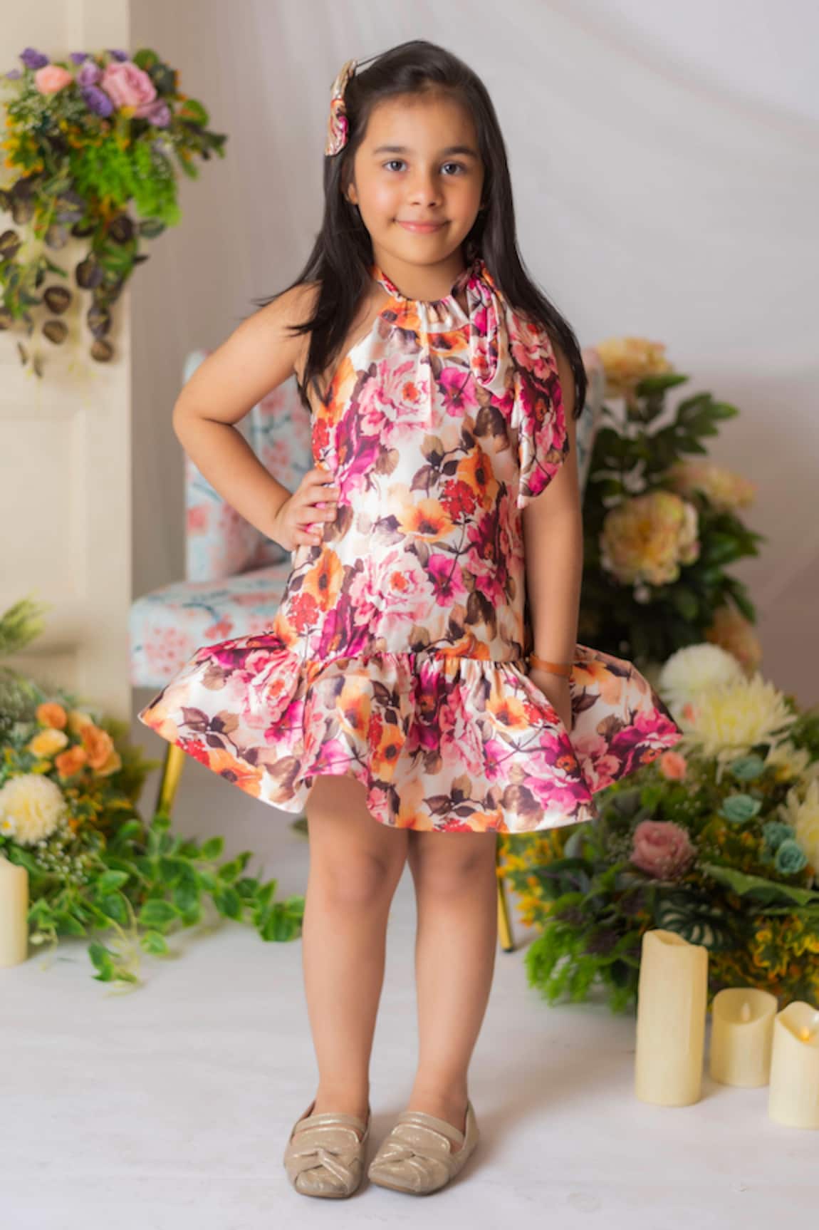Lil Angels Floral Print Satin Dress
