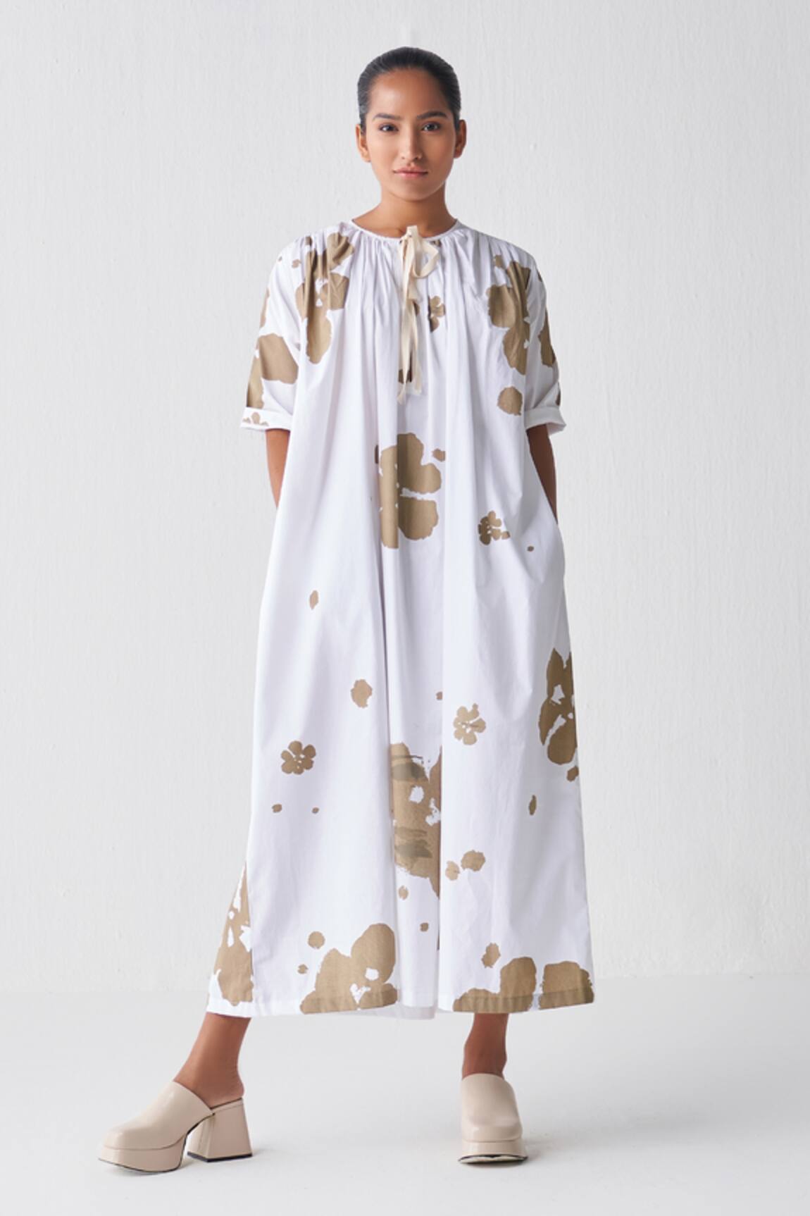 Three Gathered Neck Printed Dress