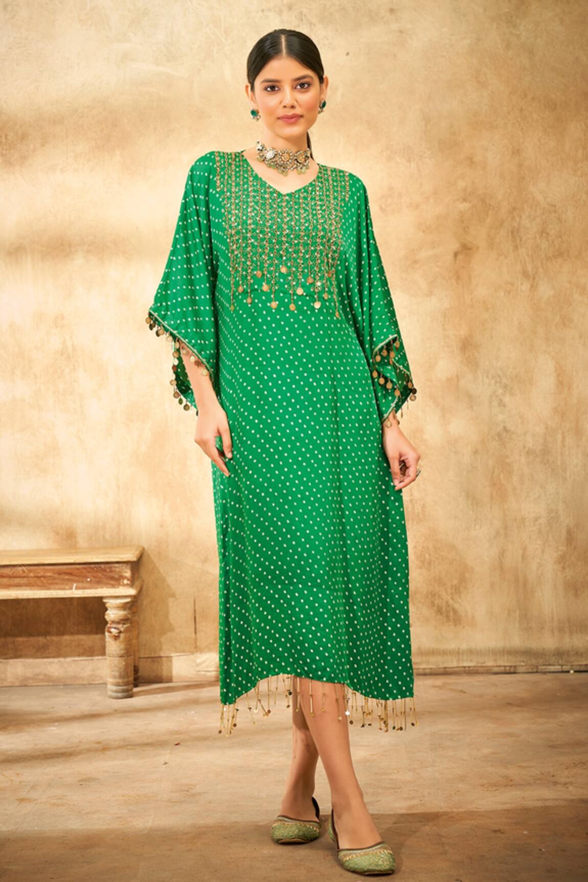 Aditi Somani Bandhani Pattern Coin Tassel Kaftan 