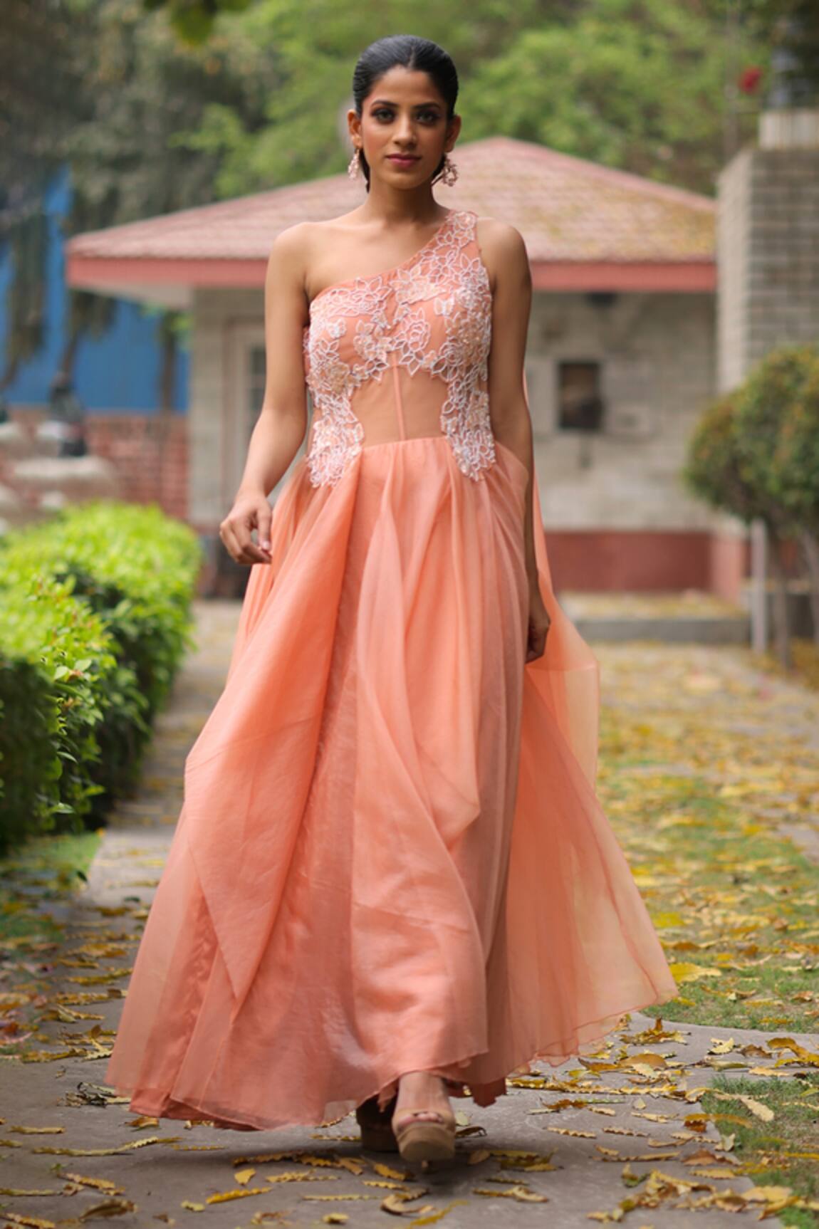 House Of Tushaom Peach Embroidered One Shoulder Gown