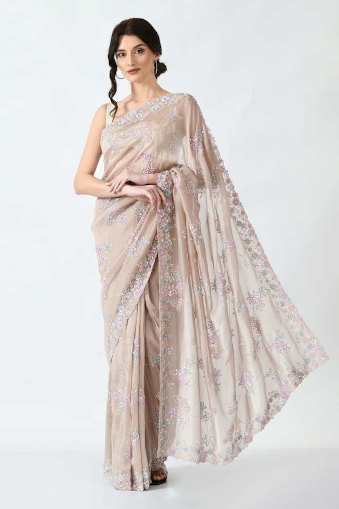 mehar Organza Floral Hand Embroidered Saree