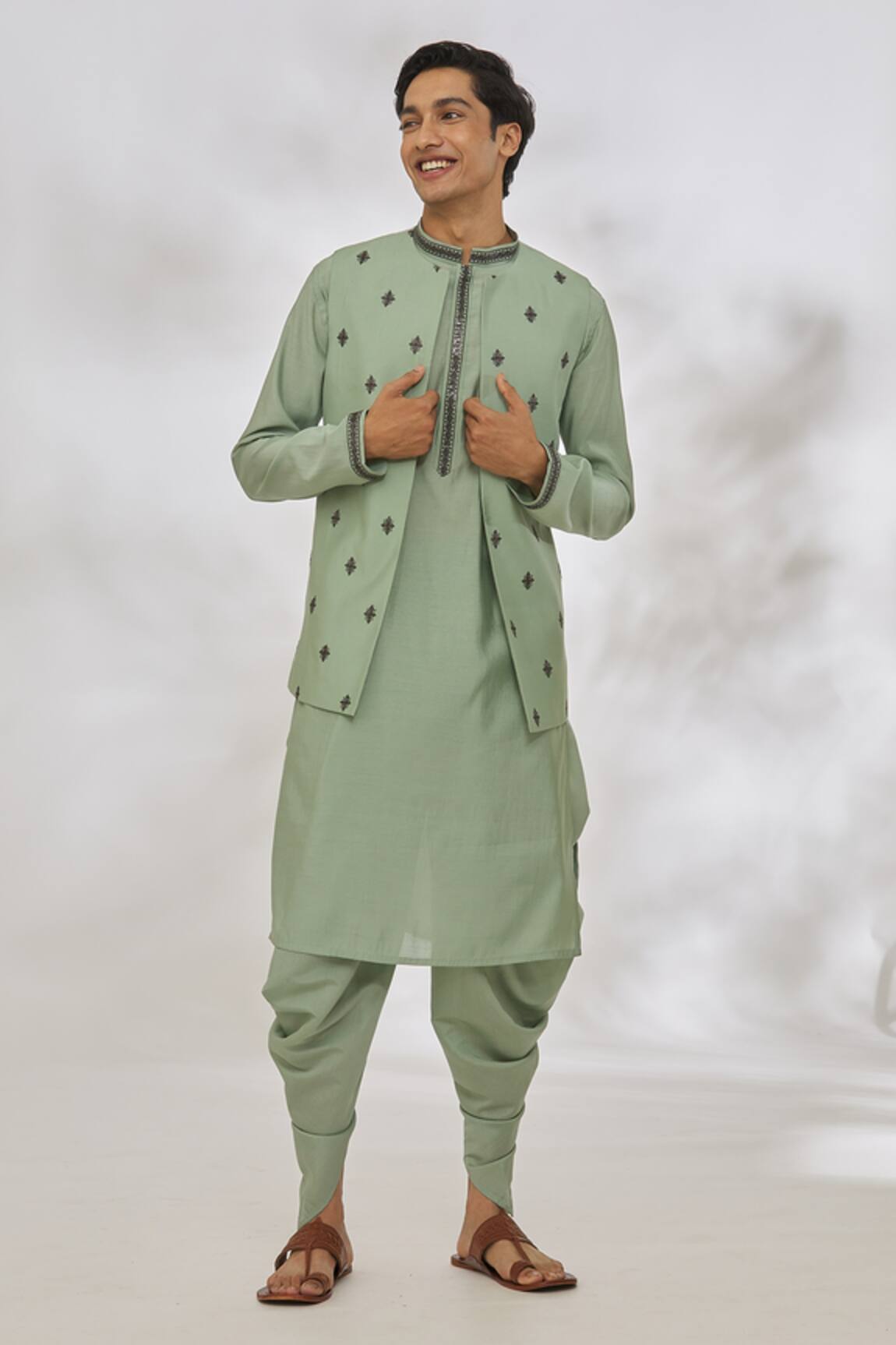 Manish Nagdeo Diamond Pattern Green Bundi & Kurta Set