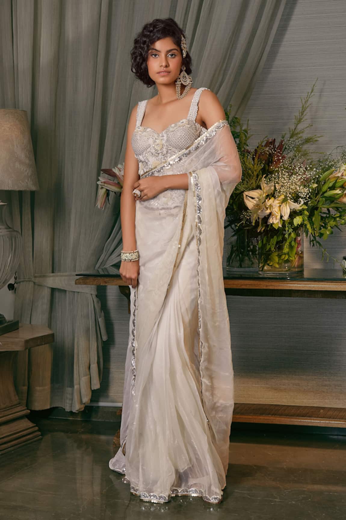 Kisneel by Pam Border Embroidered Pre-Draped Saree With Corset Top