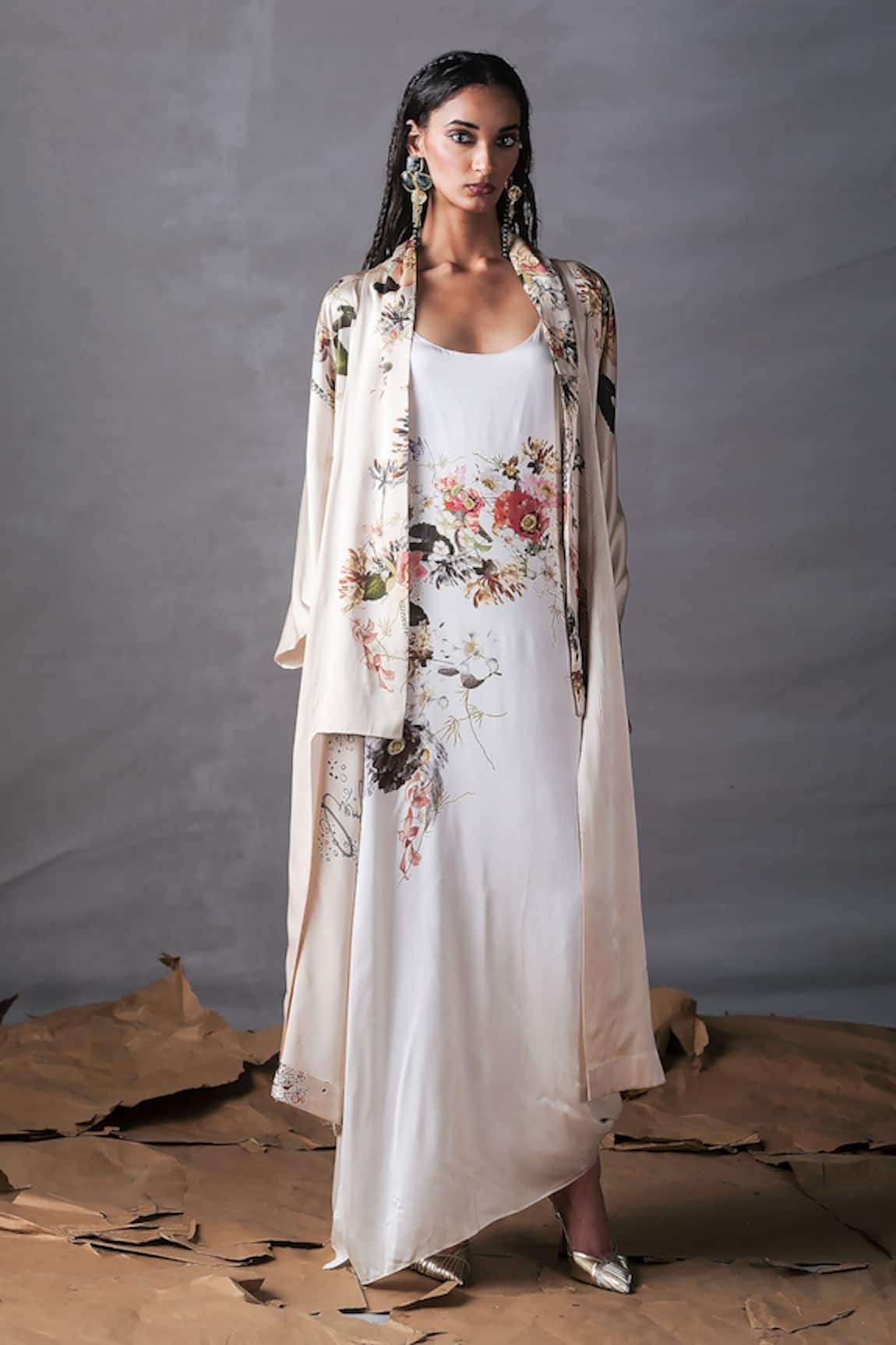 AK-OK Floral Printed Silk Dress Set