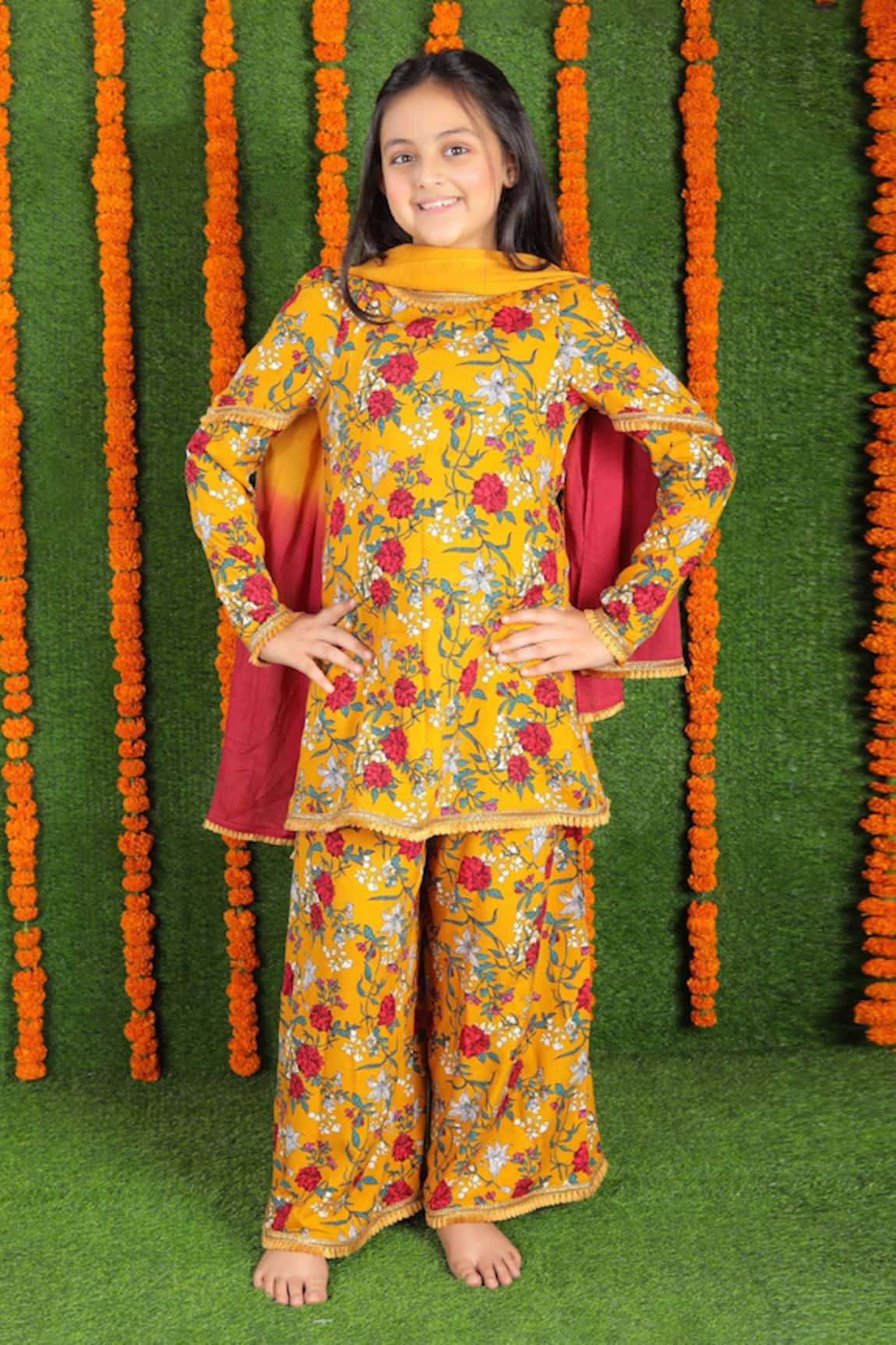 The Pony & Peony CO. Floral Printed Kurta Set With Ombre Dupatta 