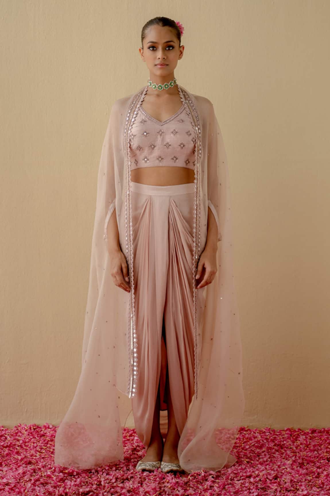 Mint blush Embroidered Cape Draped Dhoti Skirt Set