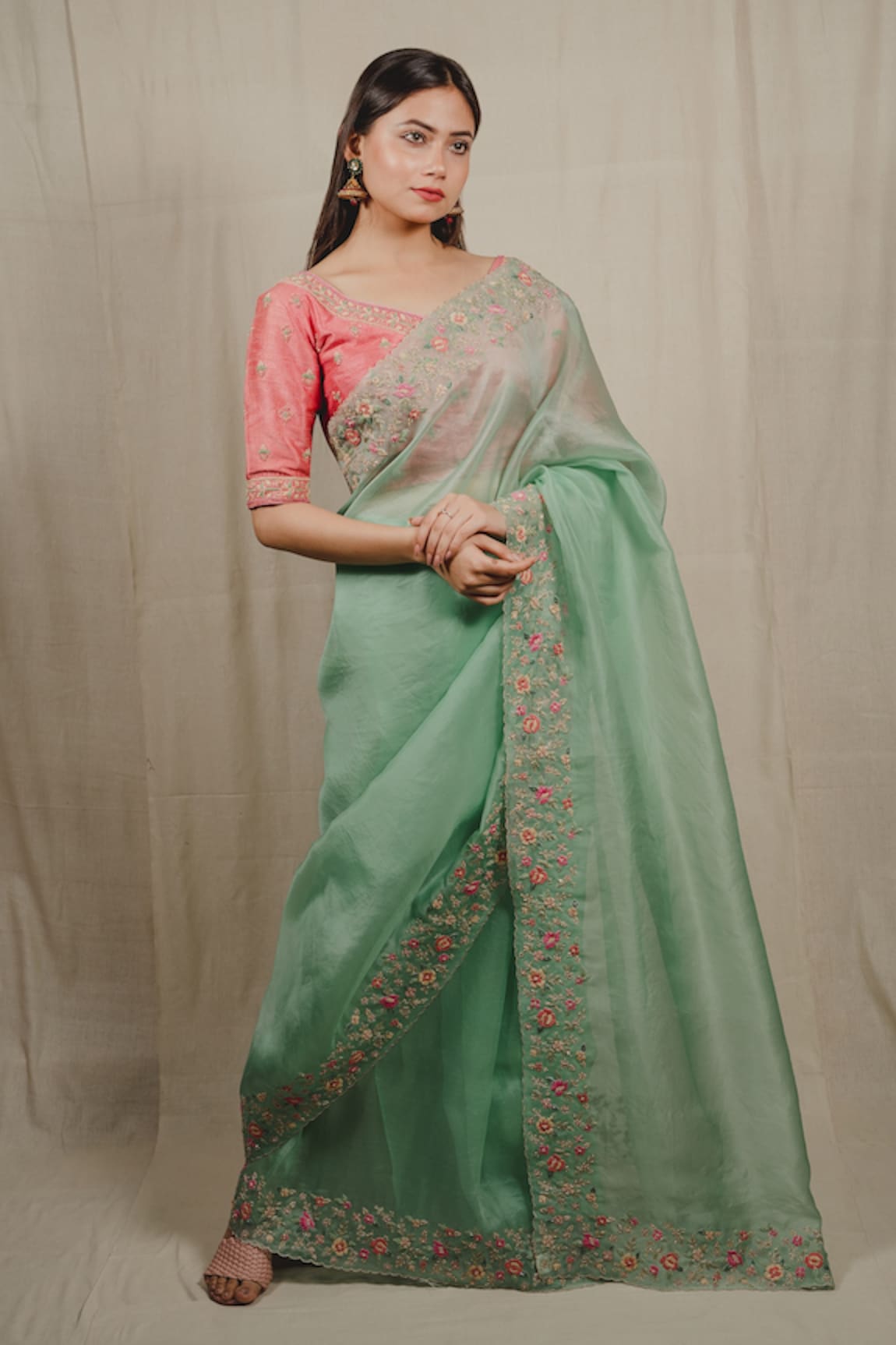 SHINOR Organza Embroidered Border Saree With Blouse