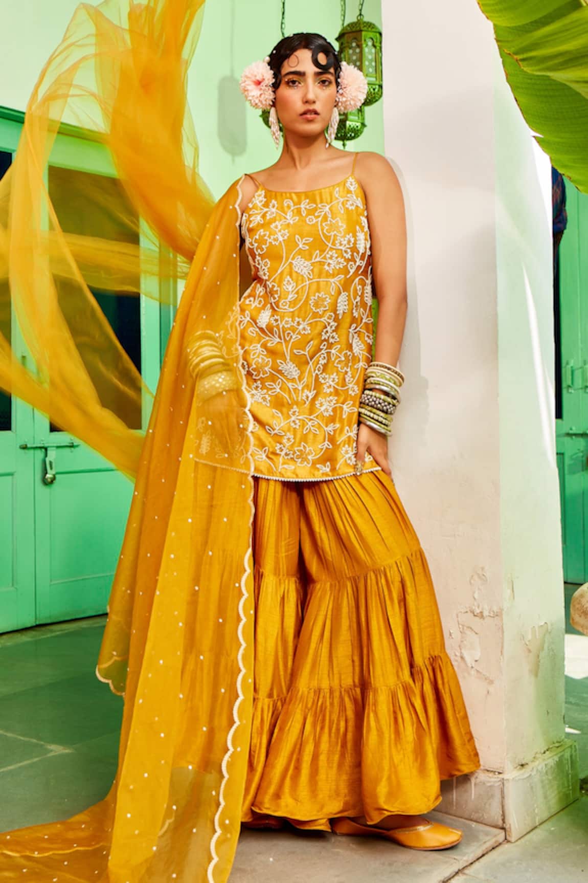 Mona And Vishu Pearl Embroidered Kurta Tiered Sharara Set