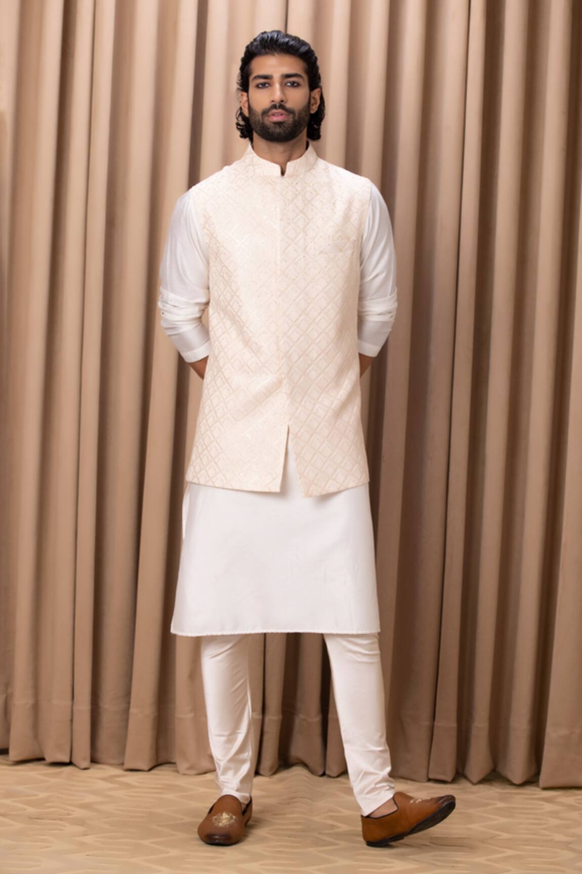 Ankit V Kapoor Peach Thread & Sequin Embroidered Nehru Jacket