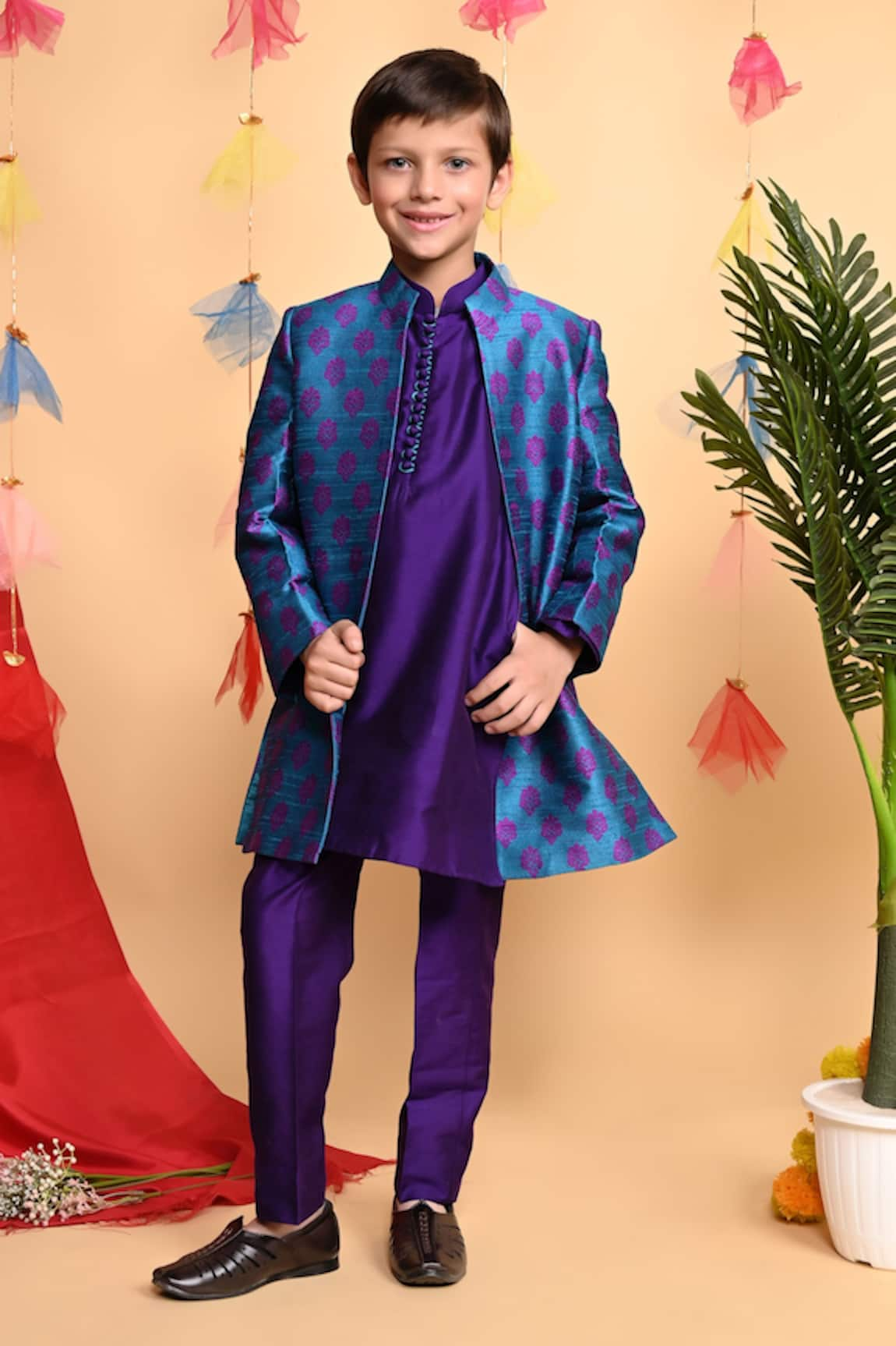 Kids Lane Floral Print Bandhgala Set