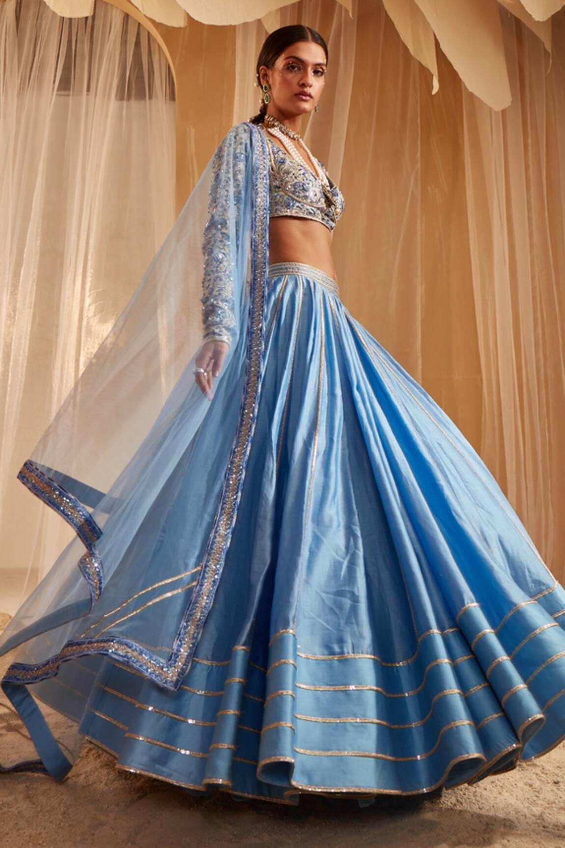 House of Exotique Floral Embroidered Blue Lehenga Set