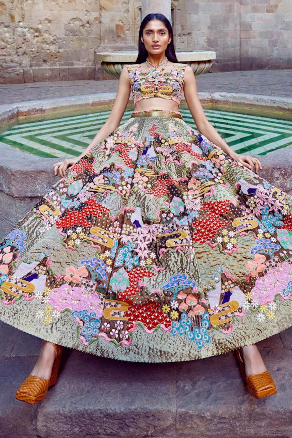 Aisha Rao Trencadis Applique Tissue Lehenga Set 