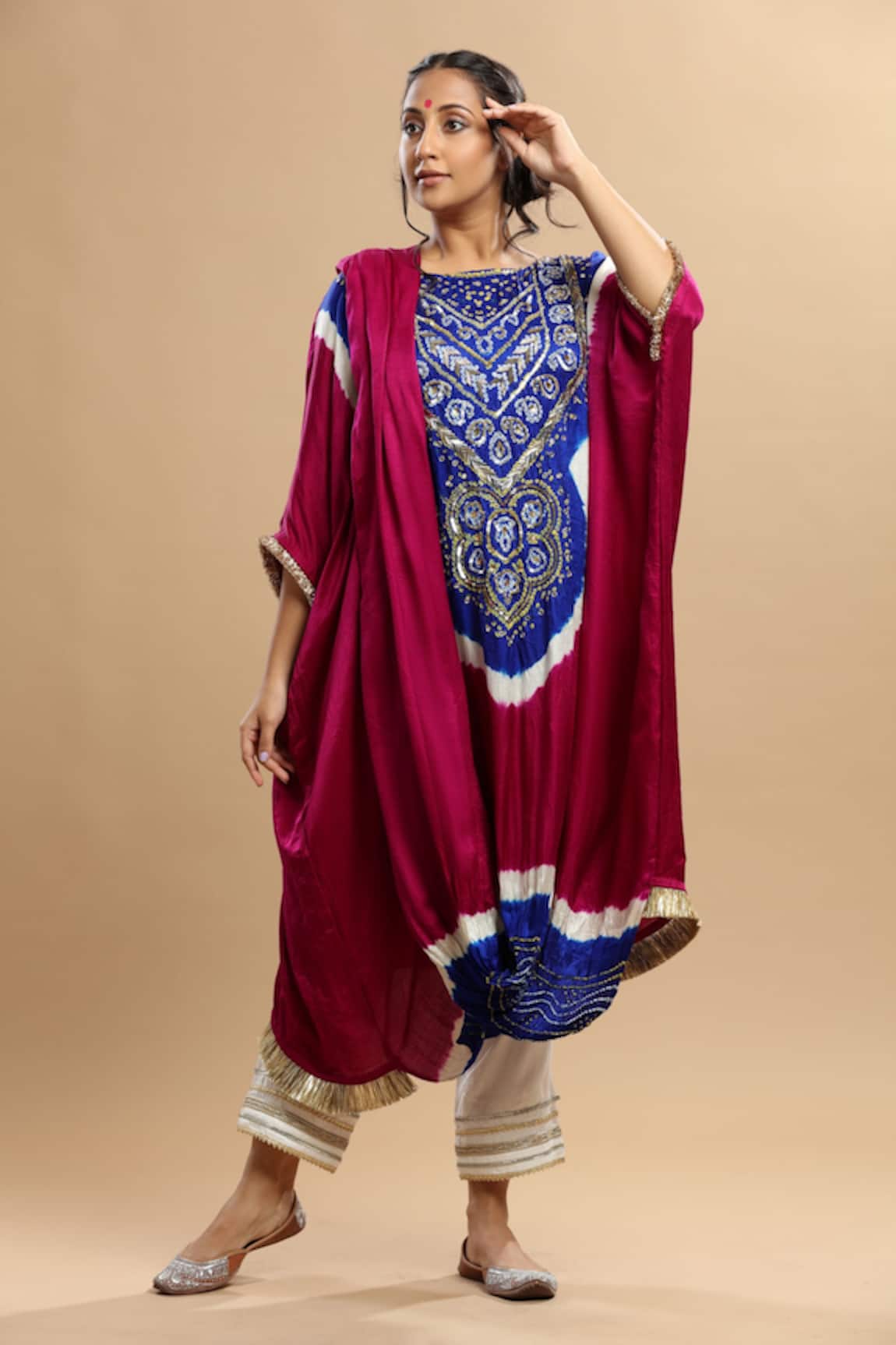 Etasha By Asha Jain Embroidered Draped Kaftan & Pant Set 