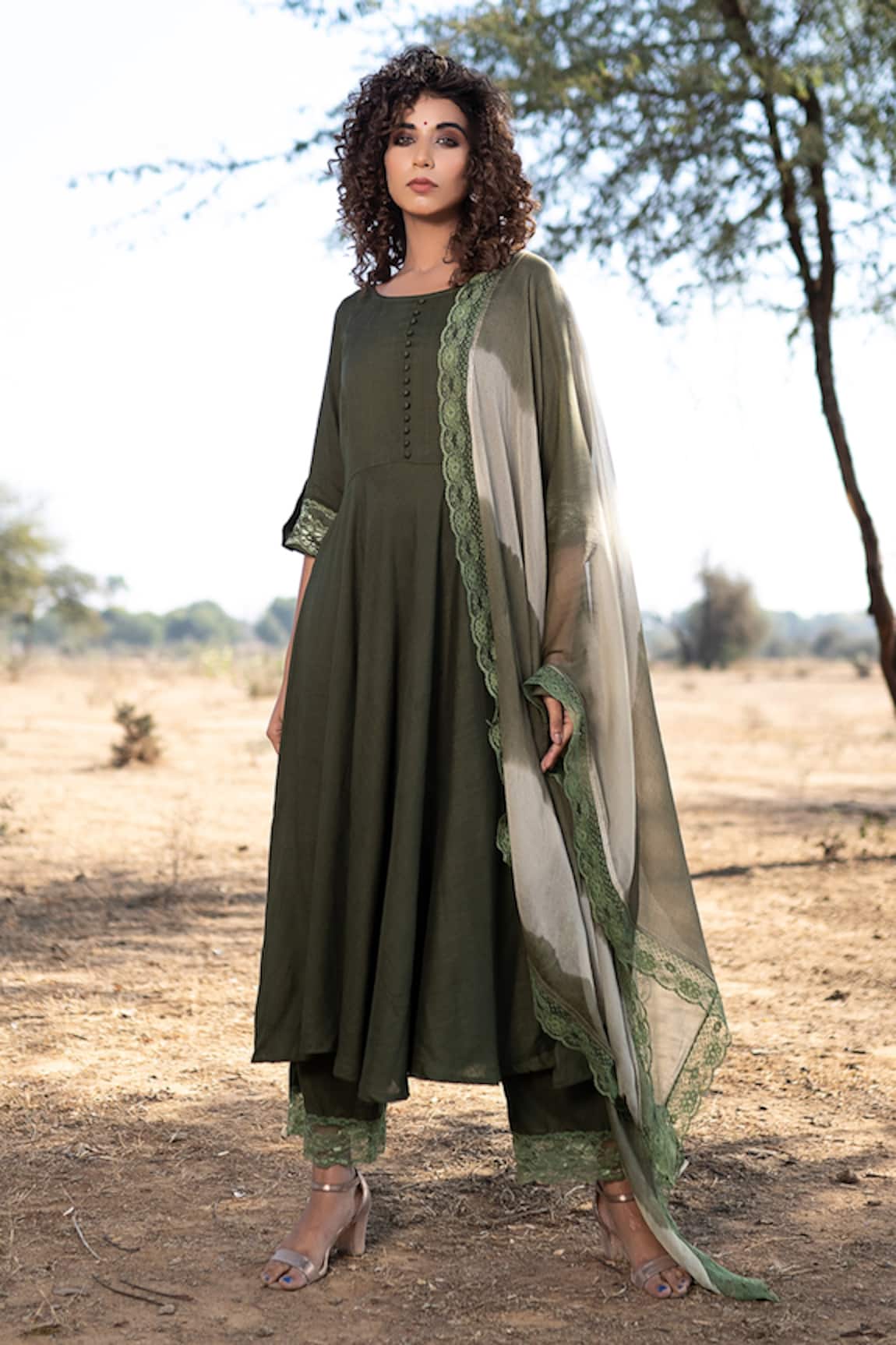 The Home Affair Umbrella Cut Kurta Set With Shaded Dupatta