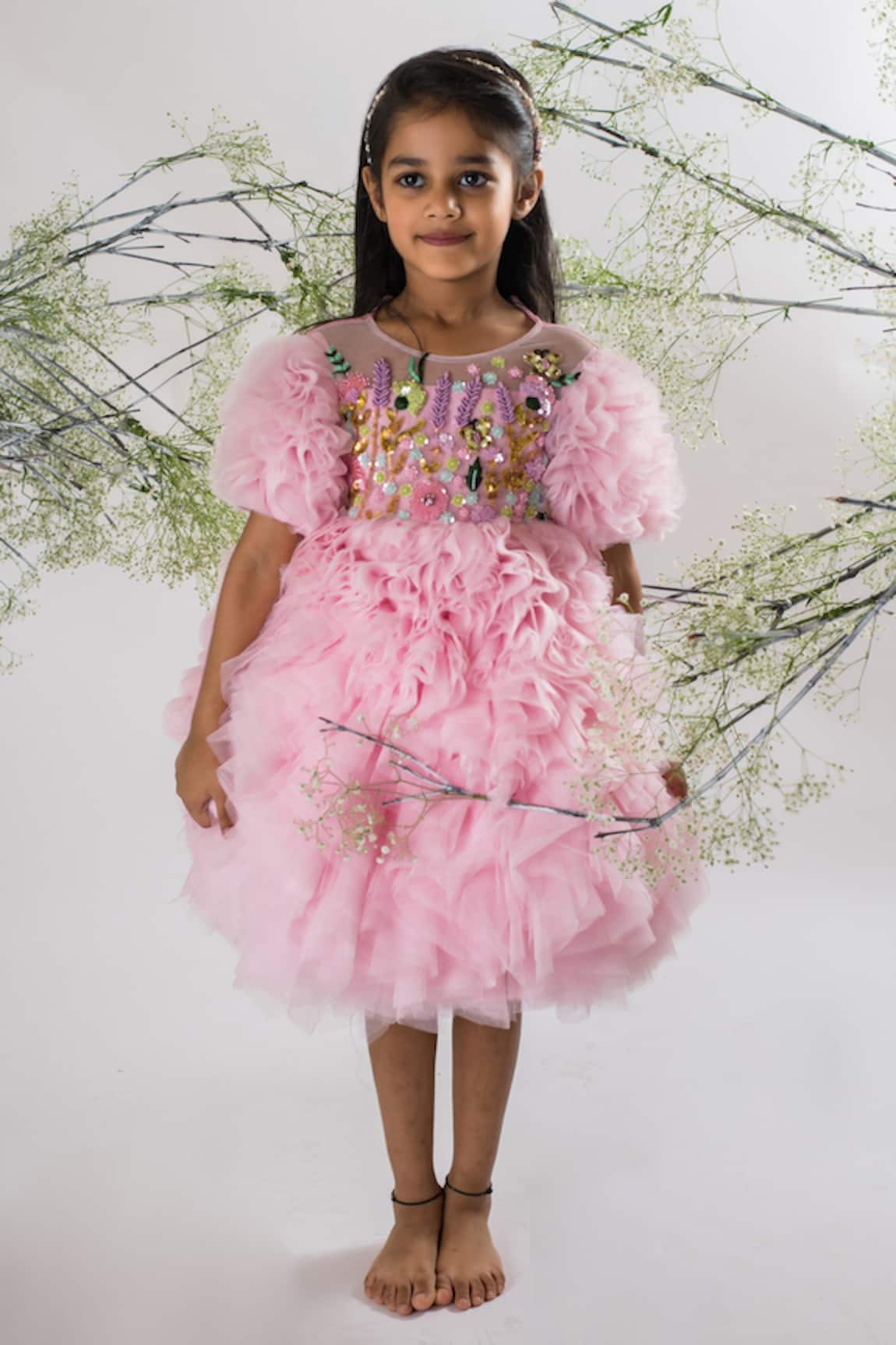 Lil Angels Floral Embroidered Ruffle Dress