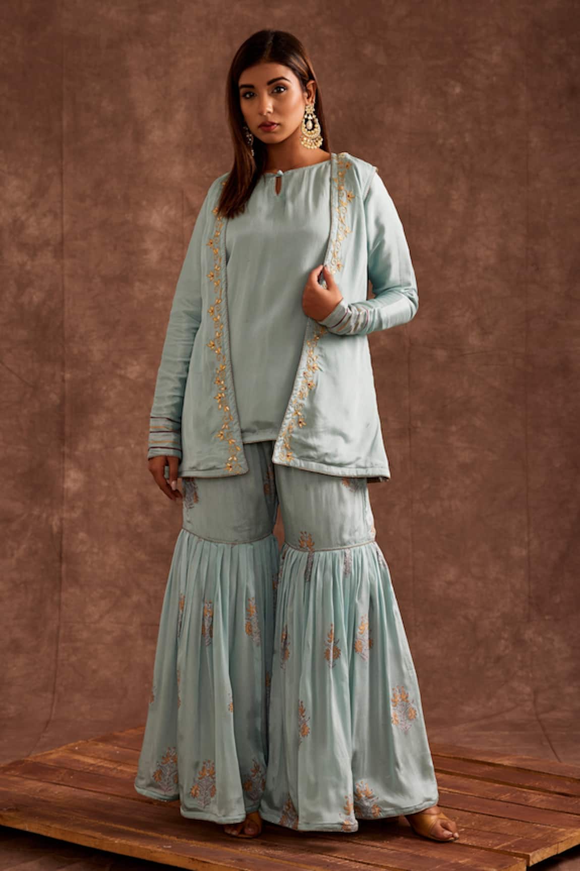 The Home Affair Block Print Jacket Gharara Set