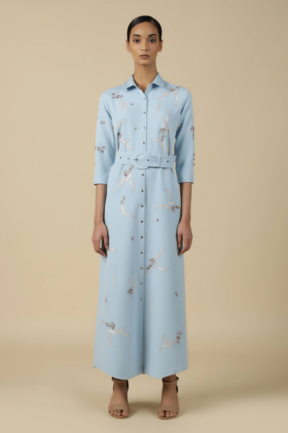Shahin Mannan Eucalyptus Shirt Dress With Buckle Belt