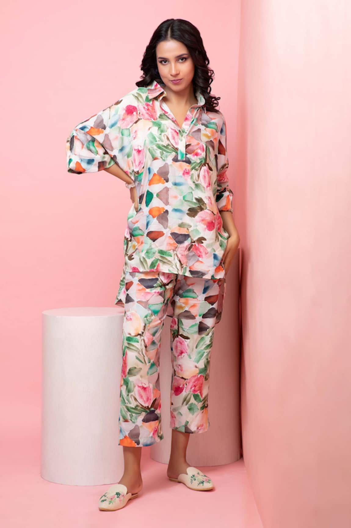 Rhe-Ana Pastel Floral Print Shirt & Pant Co-ord Set