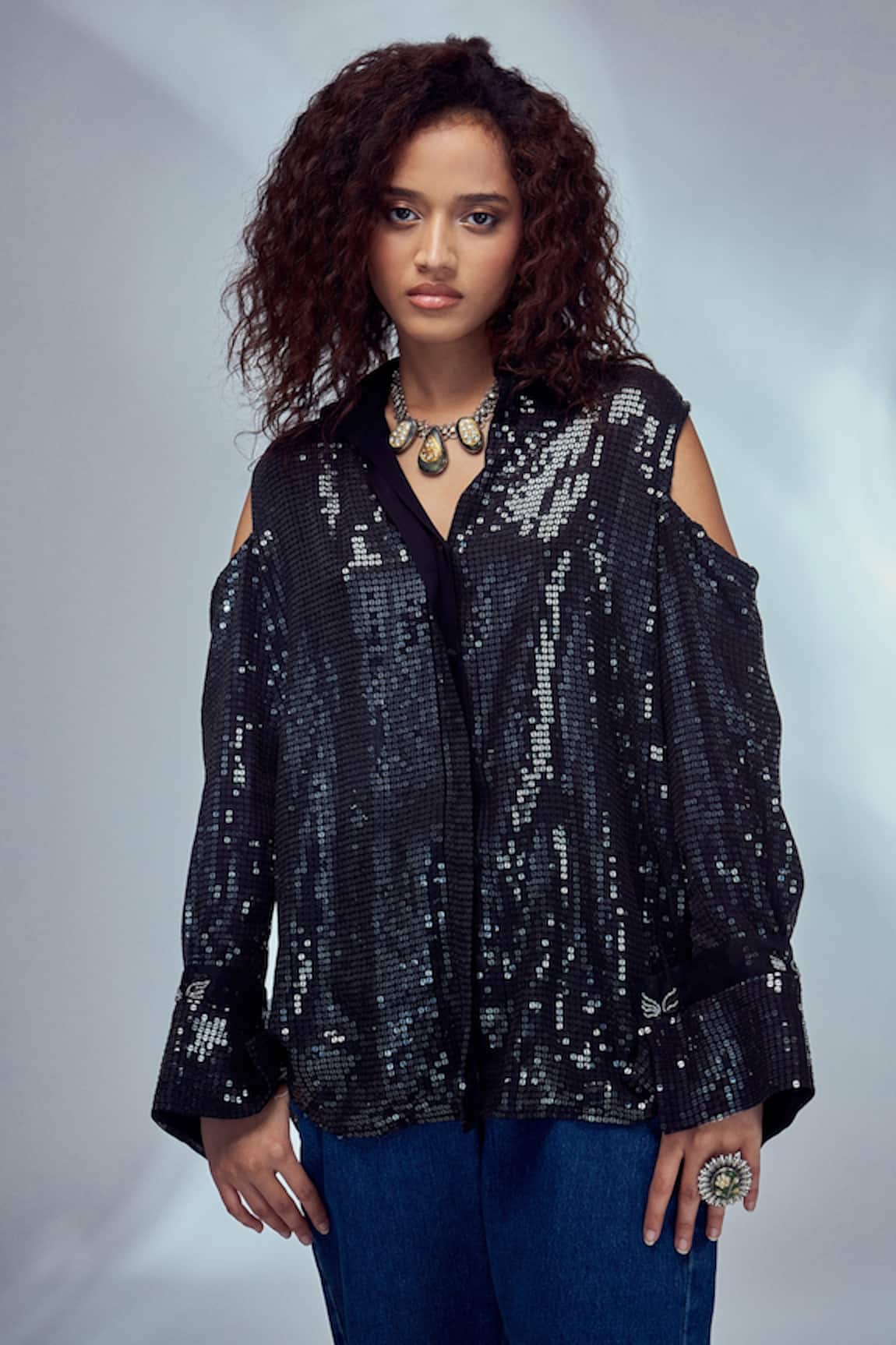 Style Junkiie Sequinned Cold Shoulder Sleeve Shirt