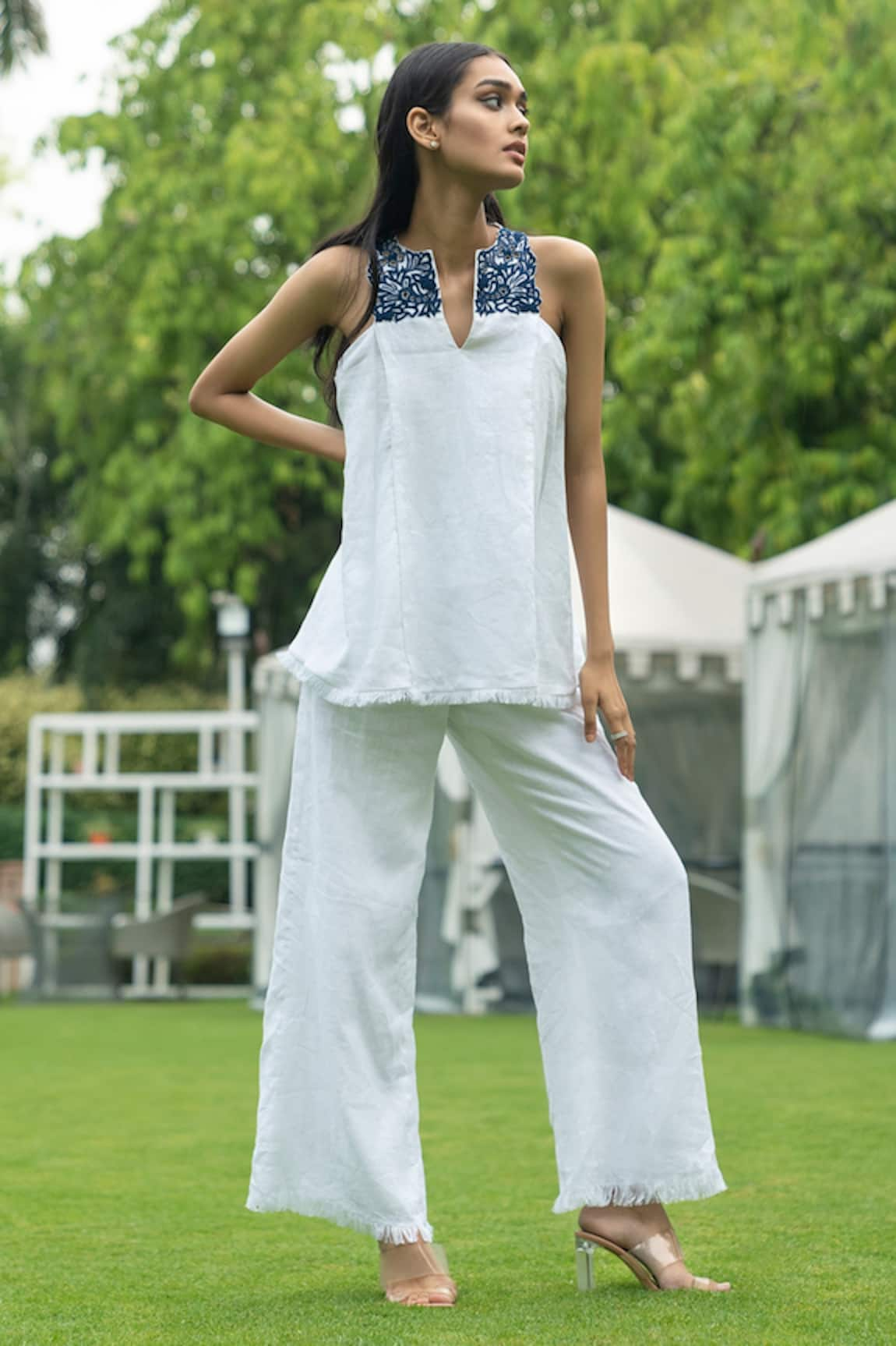 Label Ruhbab Floral Embroidered Pure Linen Top & Pant Set