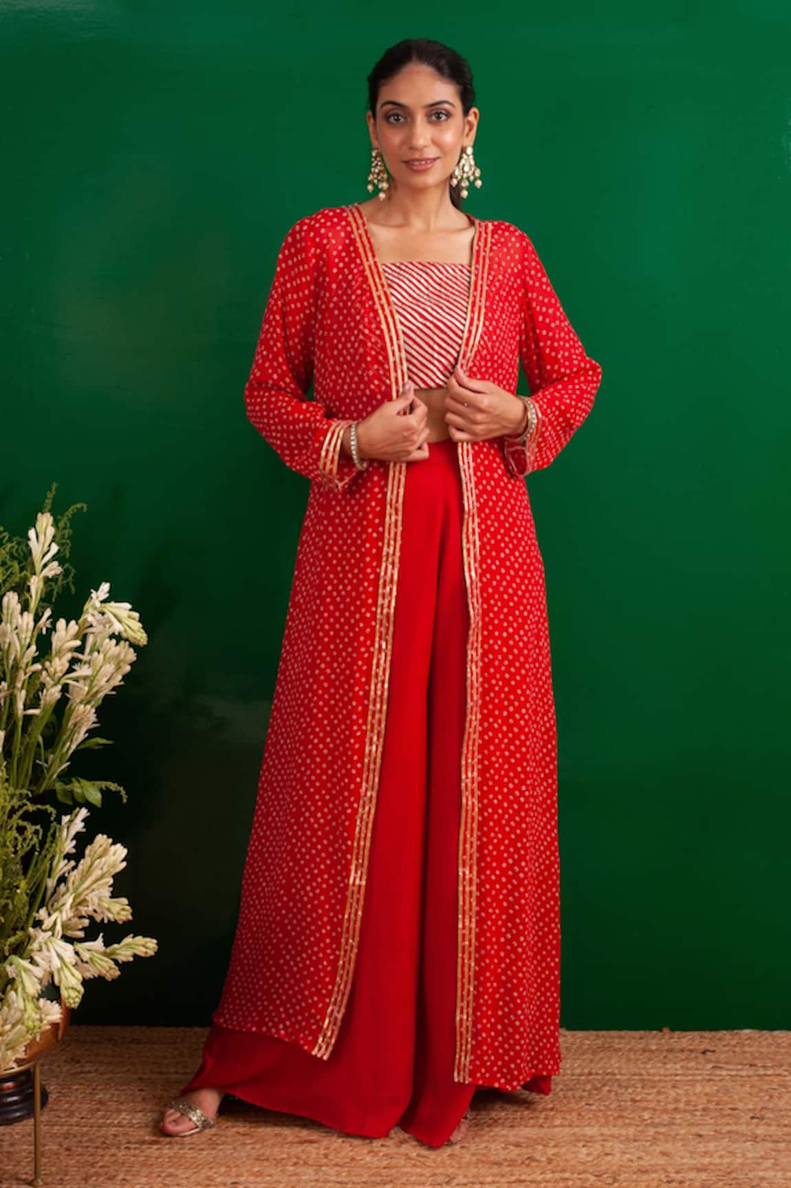 Palak & Mehak Bandhani Pattern Jacket & Flared Pant Set