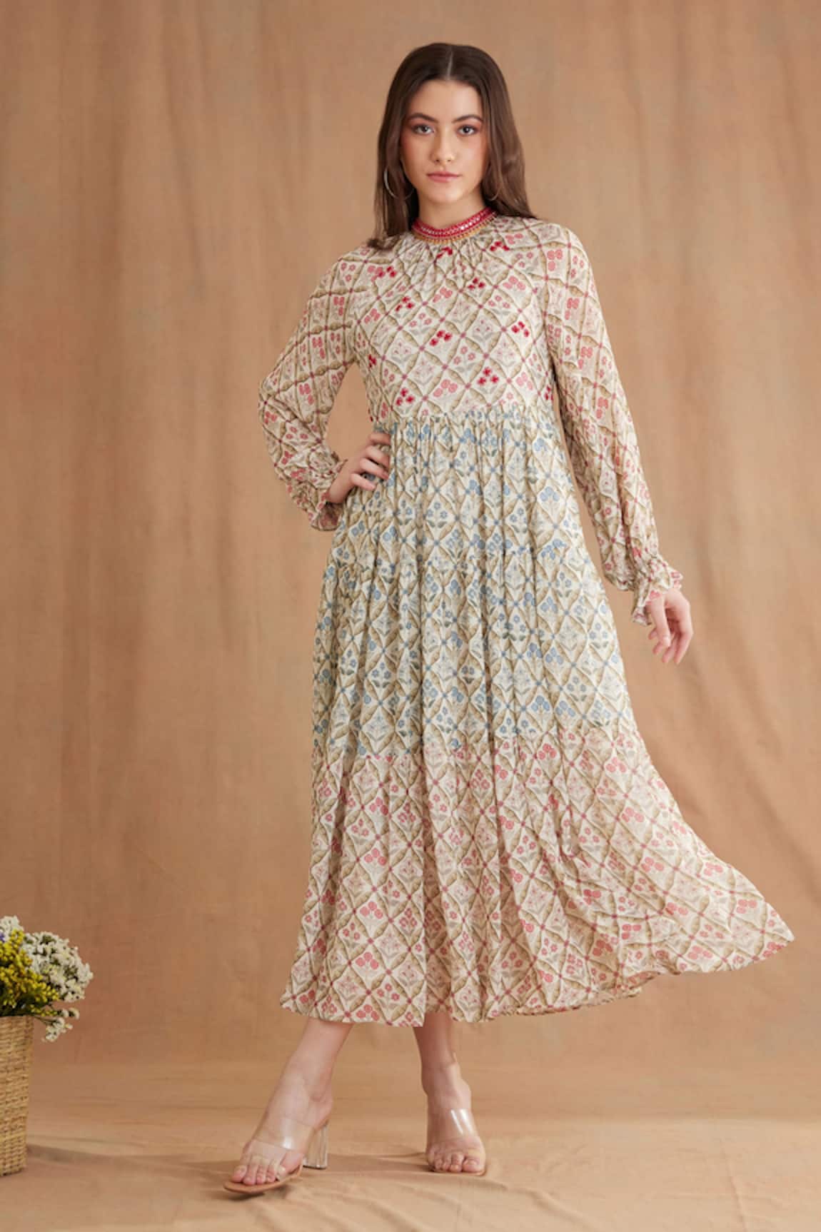 Nikasha Mughal Print Puff Sleeve Midi Dress