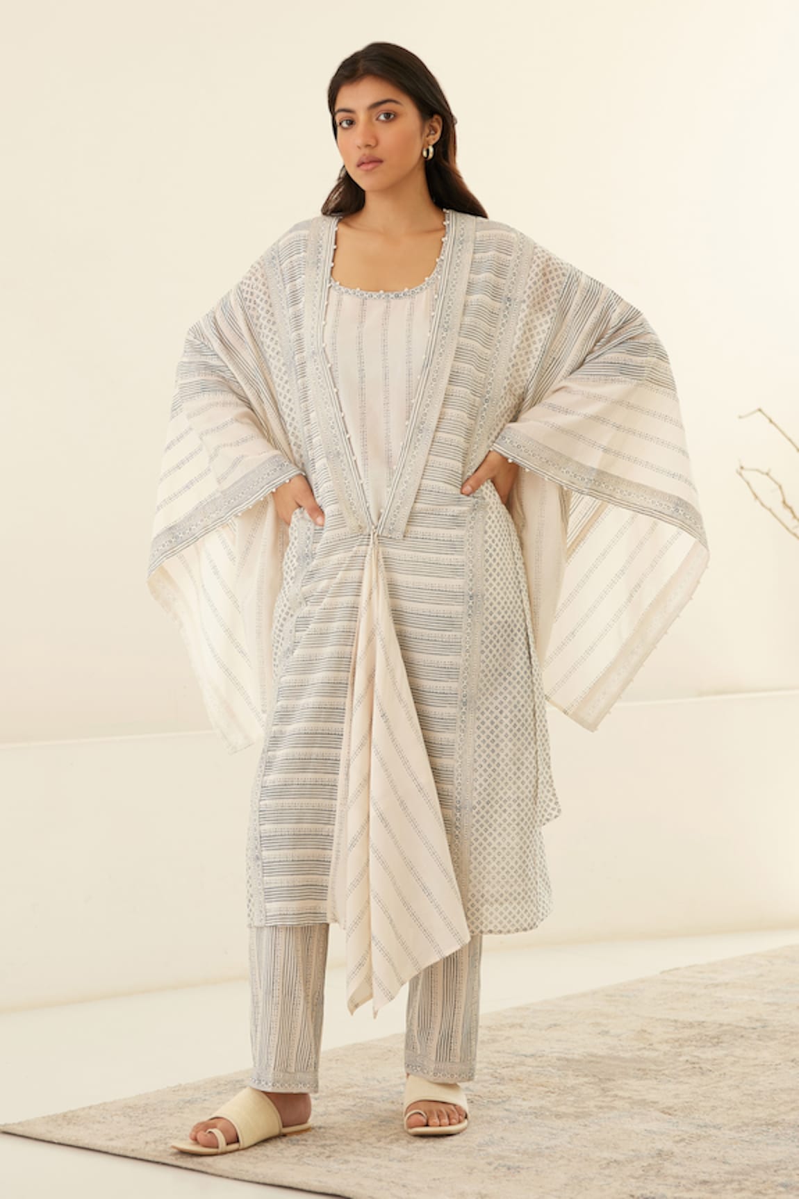 Cotton and Clay Stripe Hand Block Print Kimono Top Trouser Set