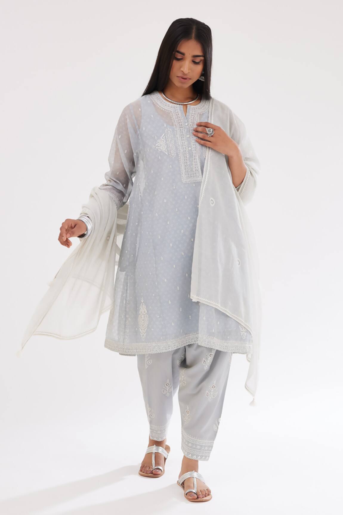 Kora Cotton Chanderi Printed Short Kalidar Kurta Set