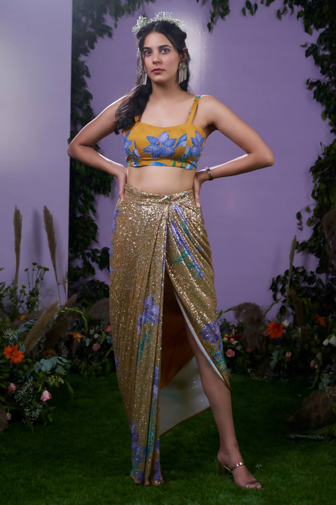 Pooja Bagaria Saffron Flower Print Bustier & Sequin Embellished Skirt Set