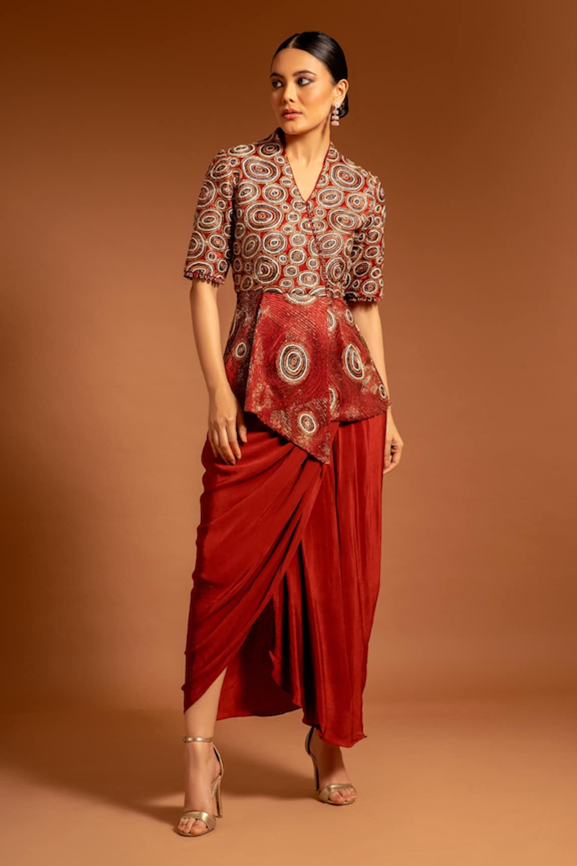 Sejal Kamdar Ajrak Pattern Bodice Draped Dress