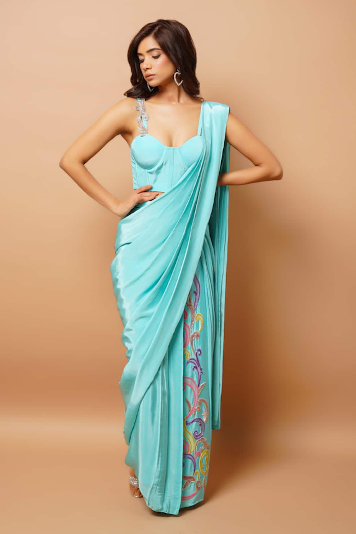 Ahi Clothing Pre-Draped Embroidered Kali Saree With Bustier