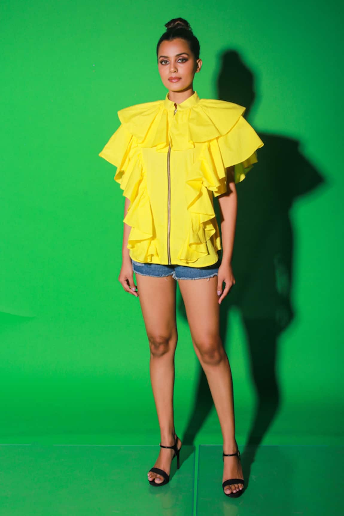 Echke Yellow Ruffled Zip Up Top 