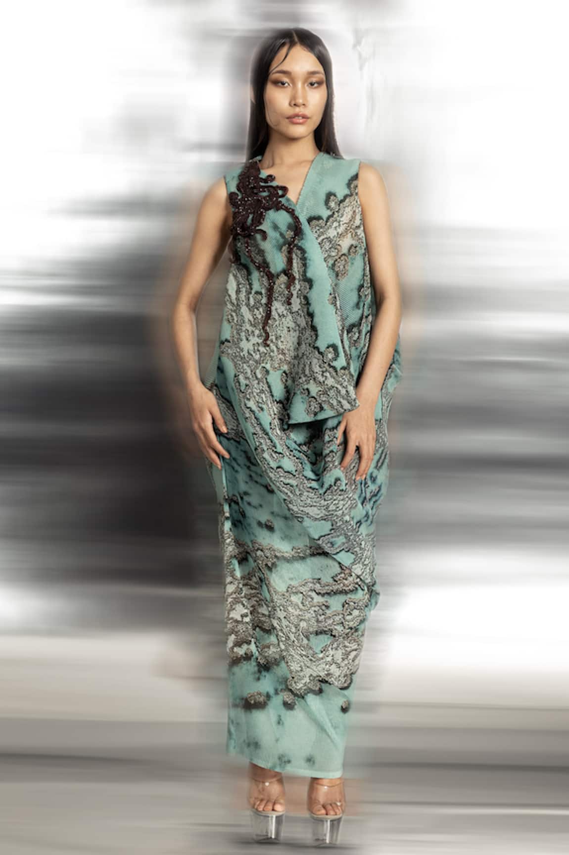 Abhishek Sharma Reef Print Front Cowl Dress 