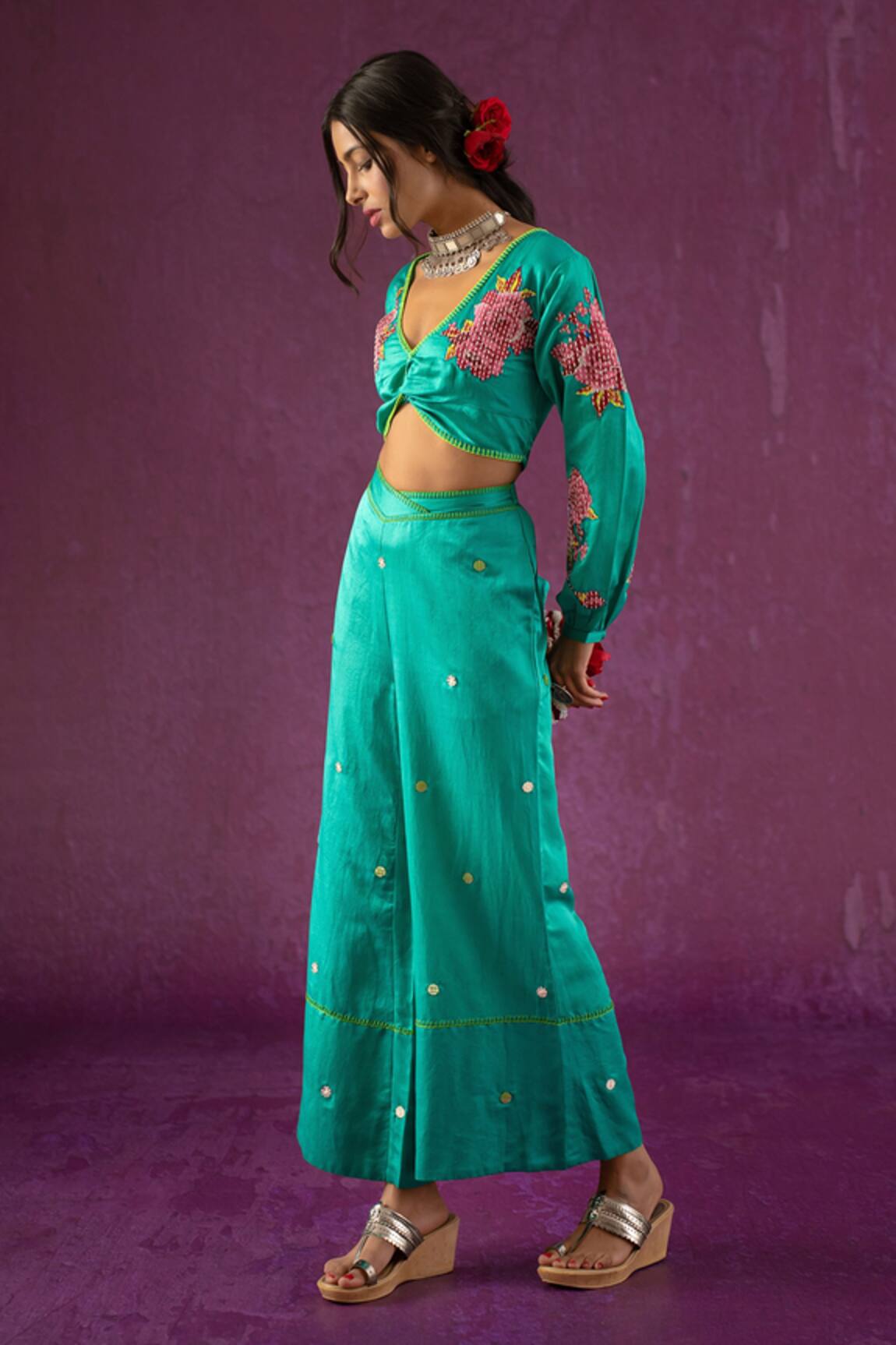 Kacha Tanka Rose Pattern Front Knot Top & Palazzo Set 