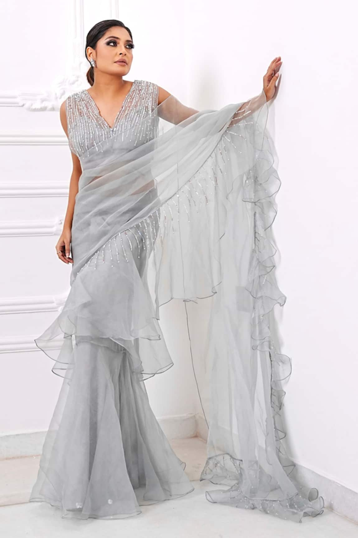 AMRTA Pre-Draped & Pleated Saree With Blouse