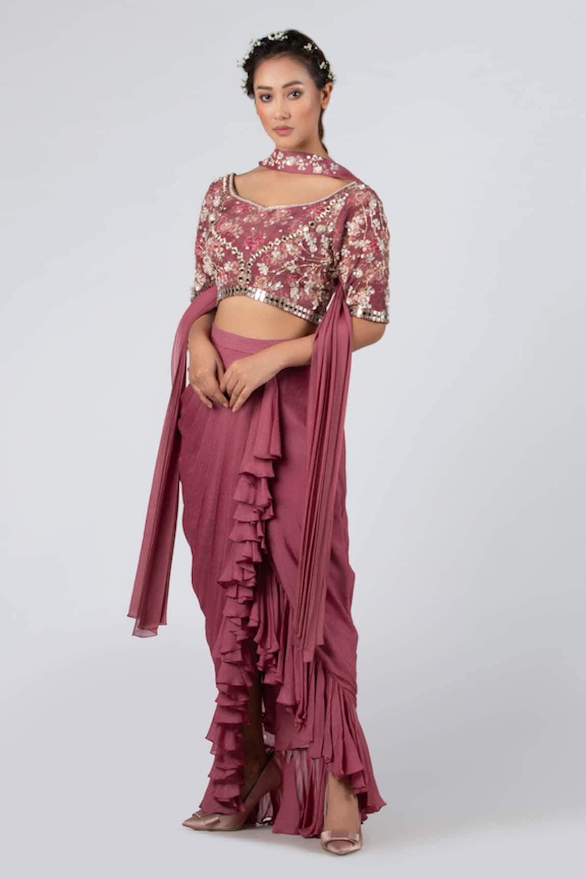 Suruchi Parakh Embroidered Crop Top & Draped Skirt Set