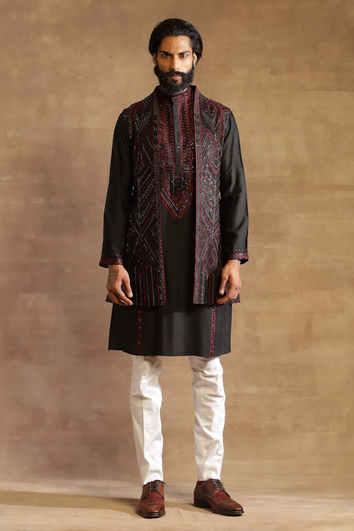 Raghavendra Rathore Jodhpur Raw Silk Long Embroidered Waistcoat