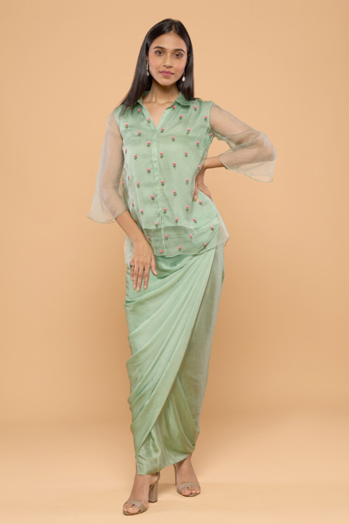 MAYU KOTHARI Rose Embroidered Shirt & Wrap Skirt Set