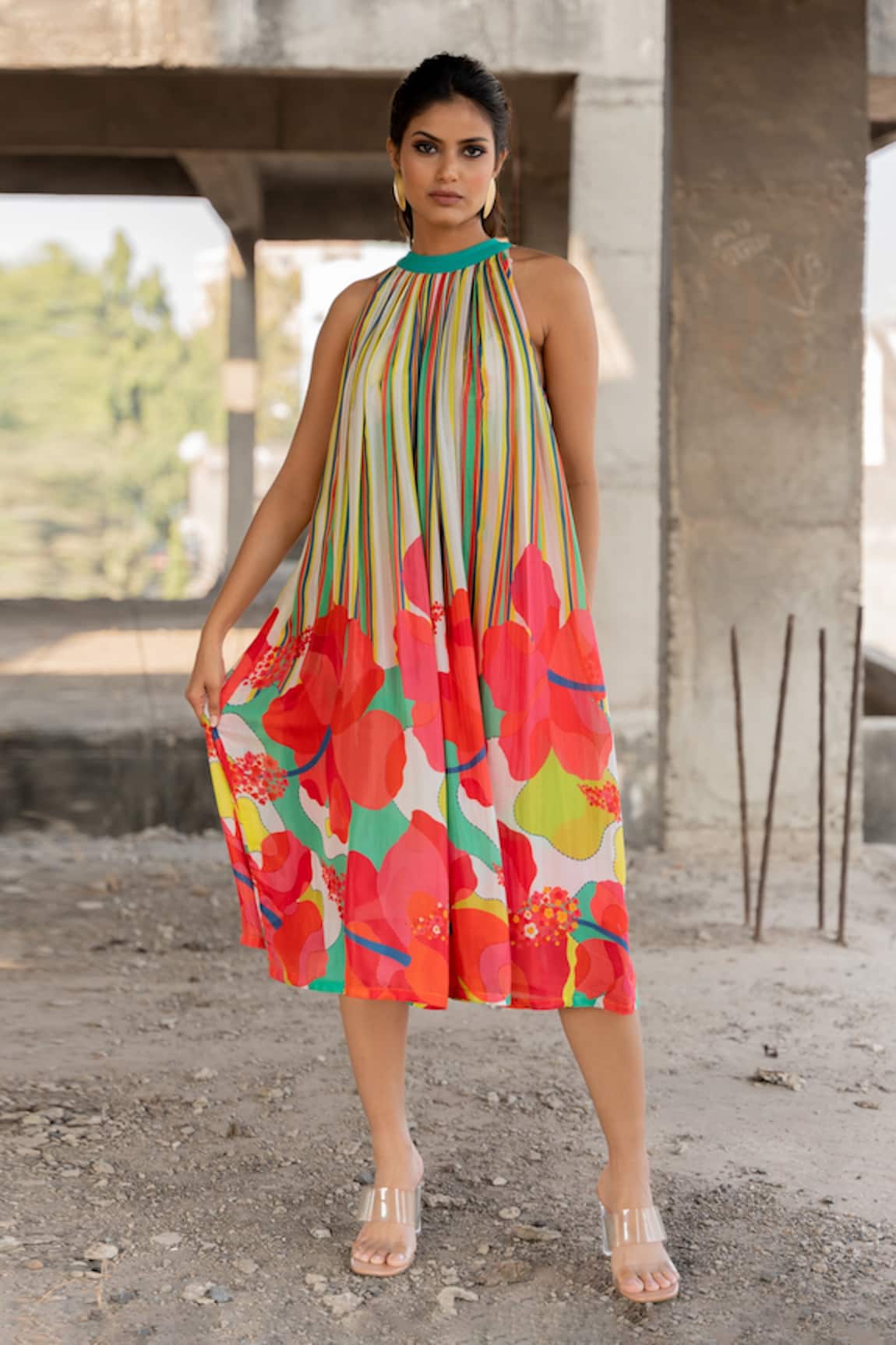Pooja-Keyur Stripe & Floral Print Dress