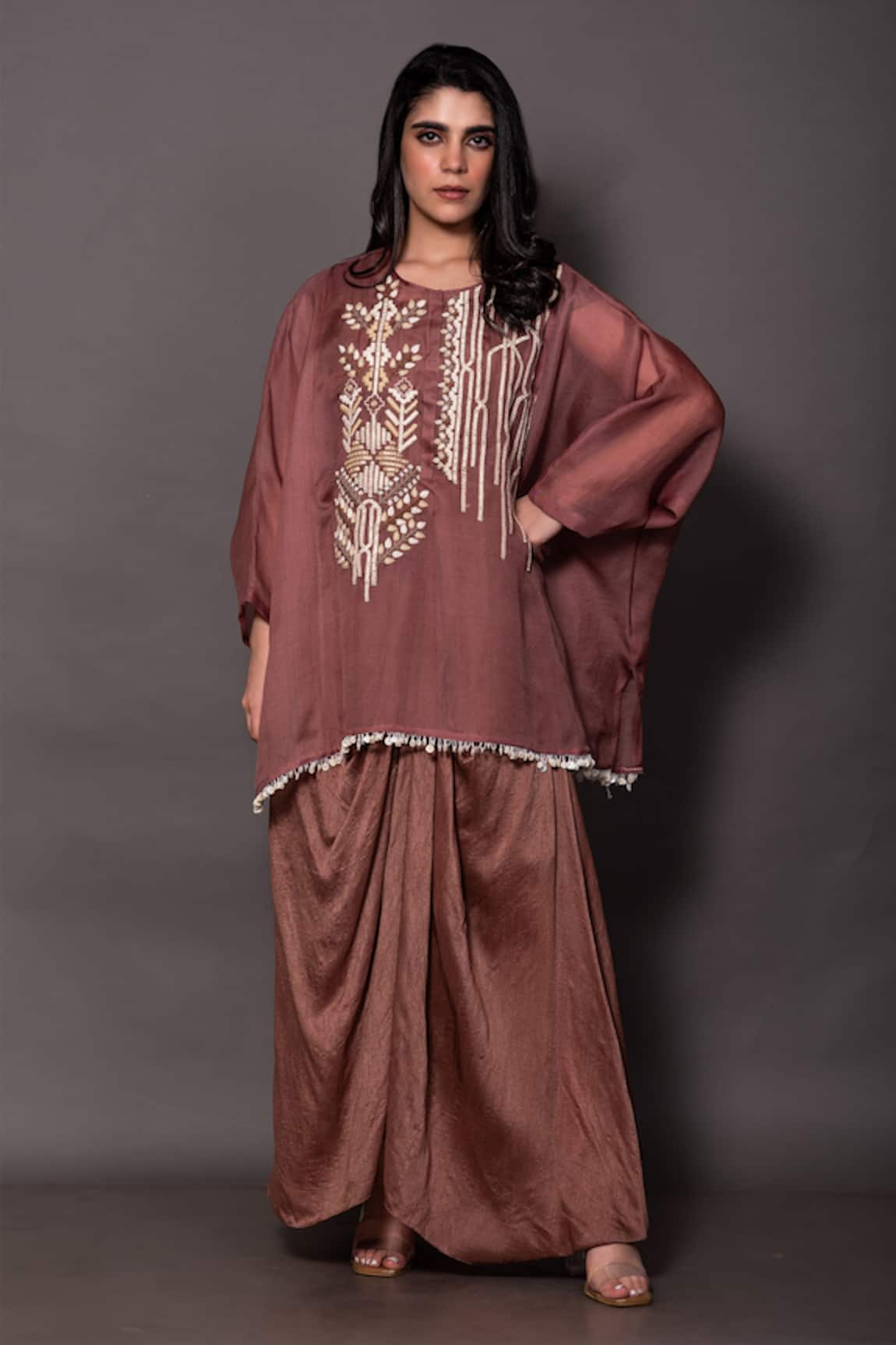 Vara by Vibha n Priti Embroidered Tunic & Cowl Draped Skirt Set