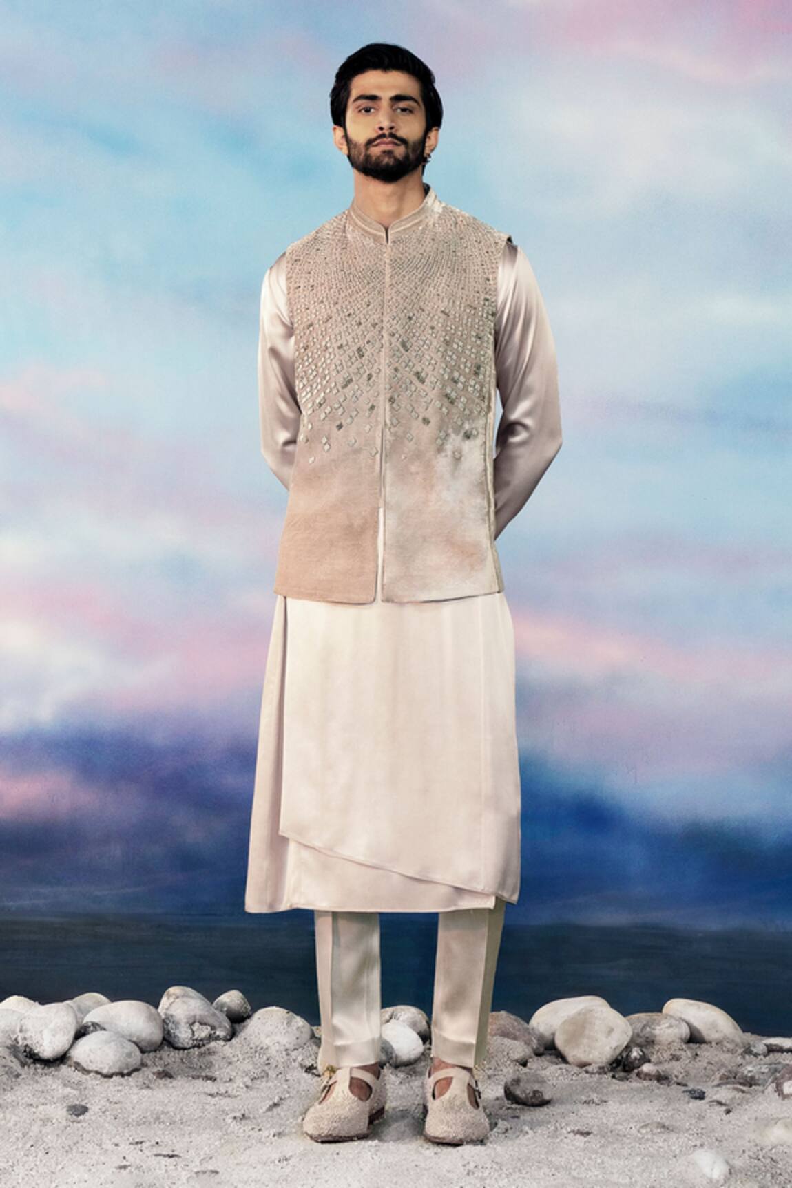 Rohit Gandhi + Rahul Khanna Gunmetal Embroidered Bundi & Kurta Set