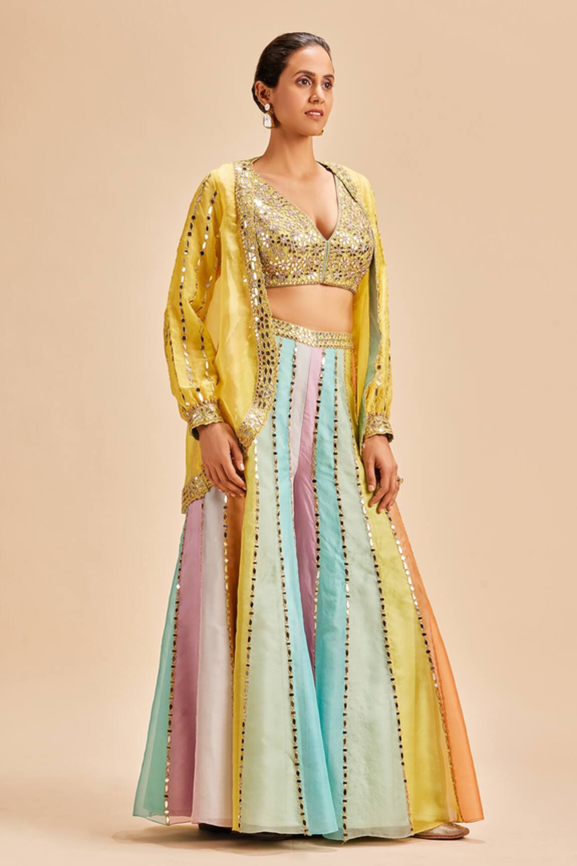 Nitika Gujral Mirror Work Sheer Jacket & Panelled Sharara Set