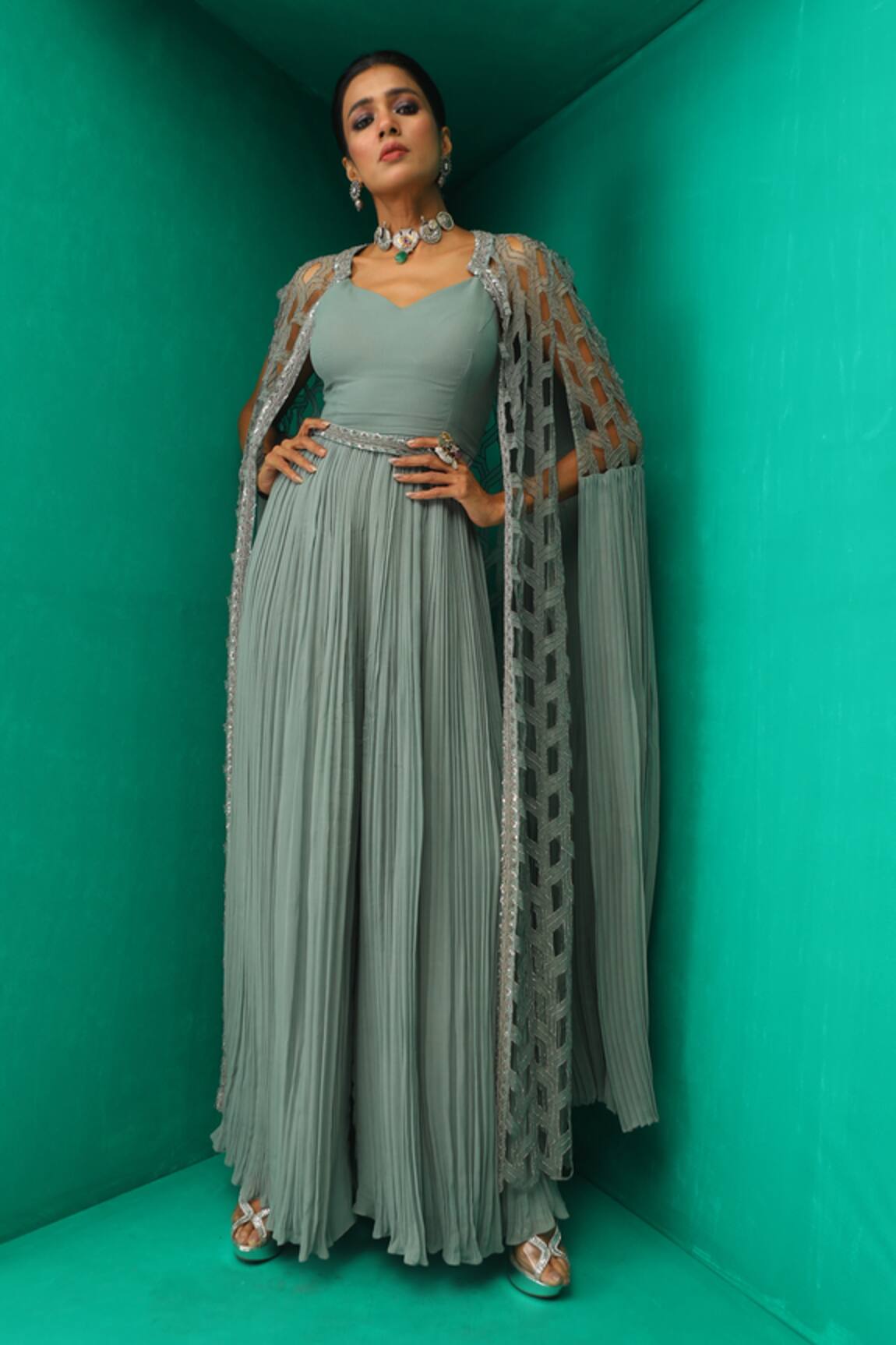 Rishi And Soujit Gathered Jumpsuit With Cape 