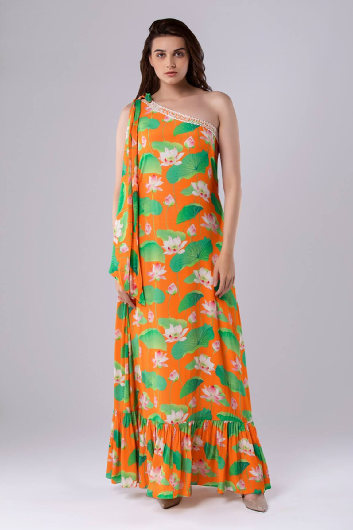 Tangerine Tiger Lotus Print One Shoulder Dress 