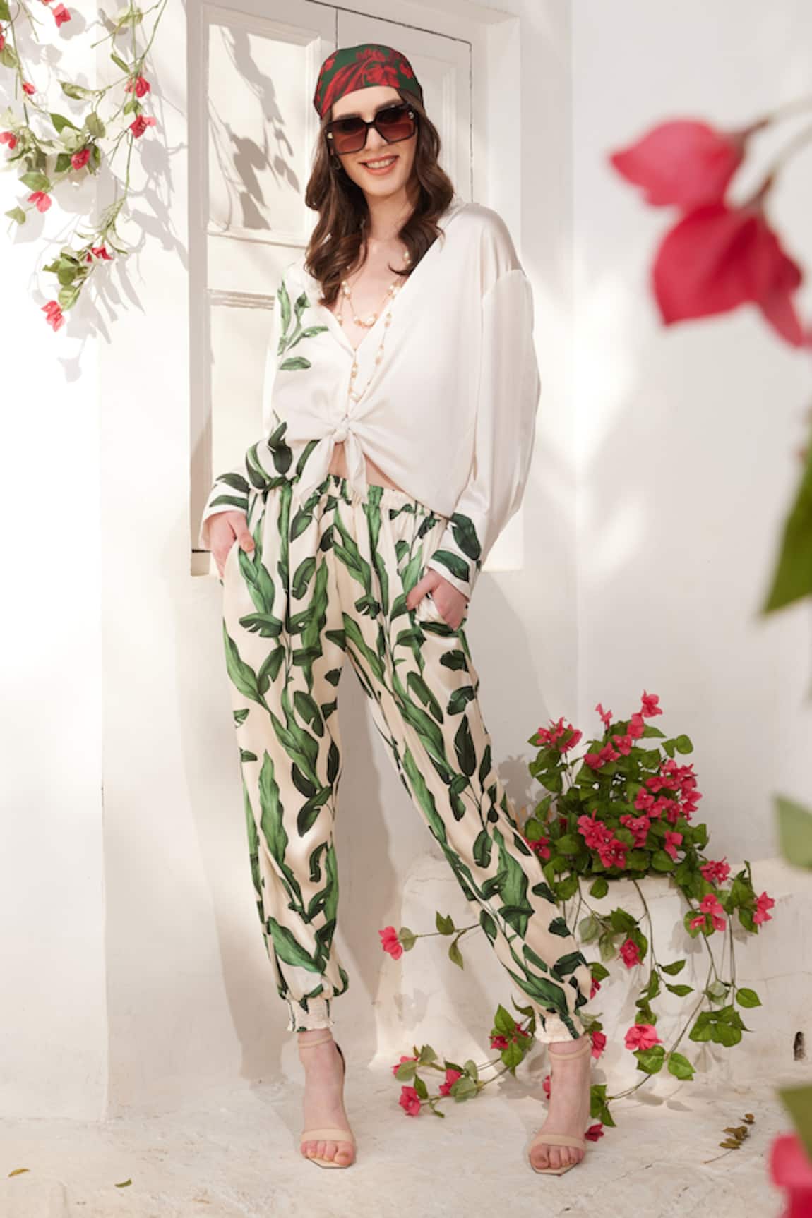 Reynu Taandon Knotted Shirt & Leaf Pattern Joggers Pant Set