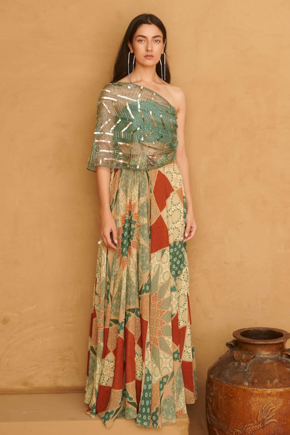 Studio Radical Organza One Shoulder Embellished Top Skirt Set 