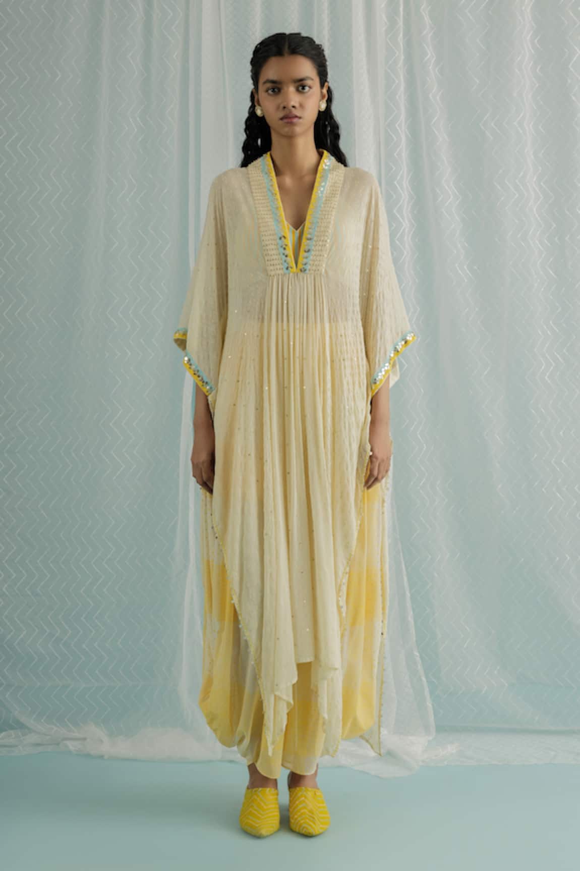 Surbhi Gupta Ivory Asymmetric Kaftan Kurta & Trouser Set