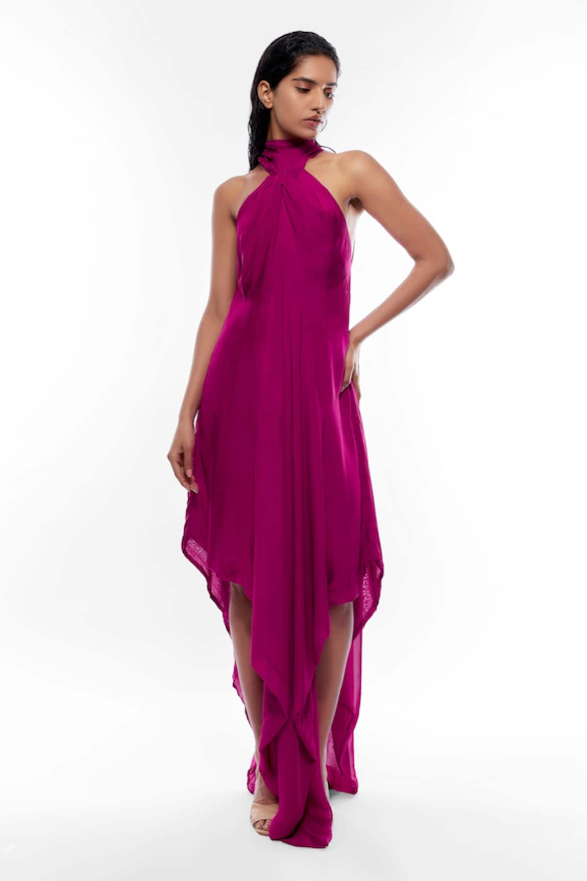 Deme By Gabriella Halter Neck Asymmetric Hem Gown