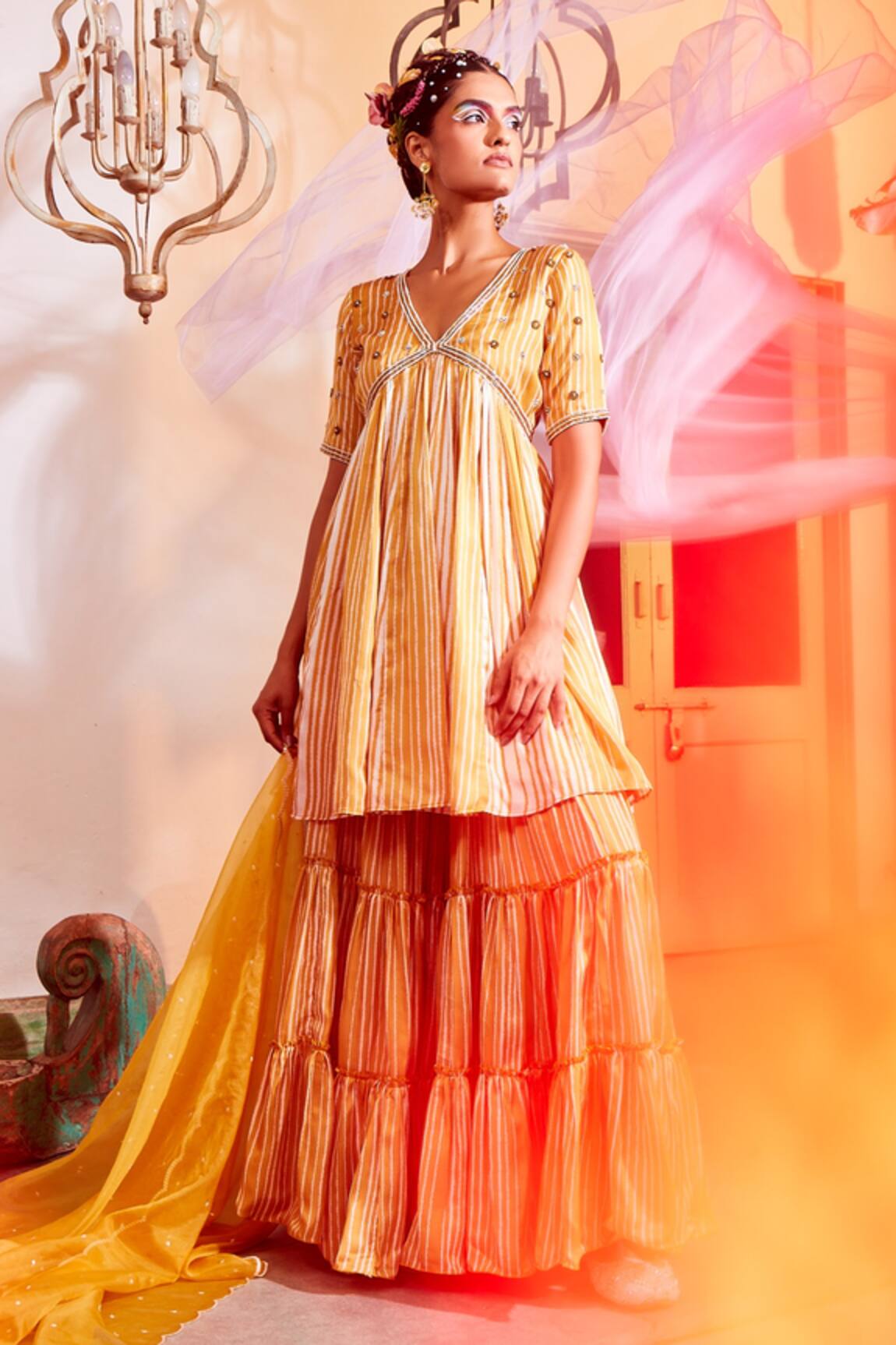 Mona and Vishu Stripe Print Peplum Kurta Sharara Set 