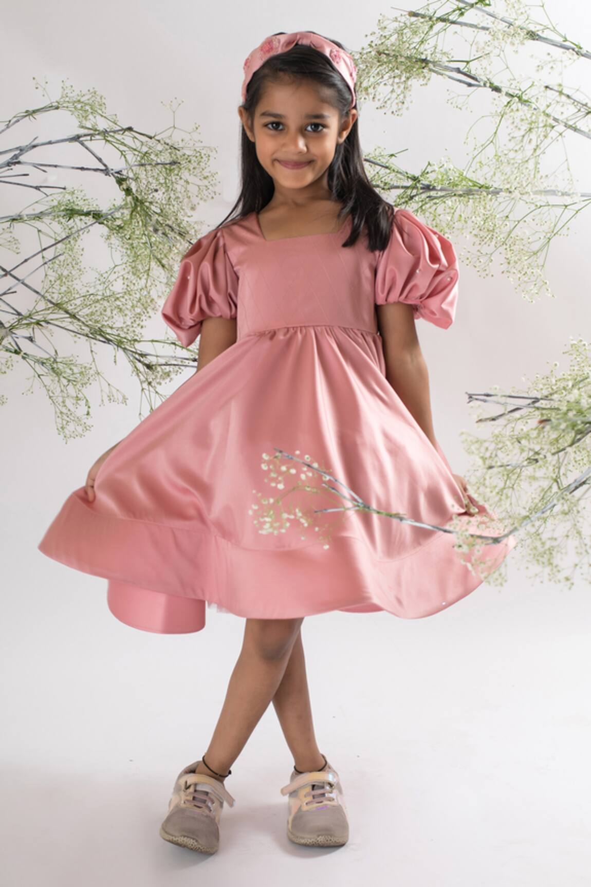 Lil Angels Pearl Embellished Puff Sleeve Dress